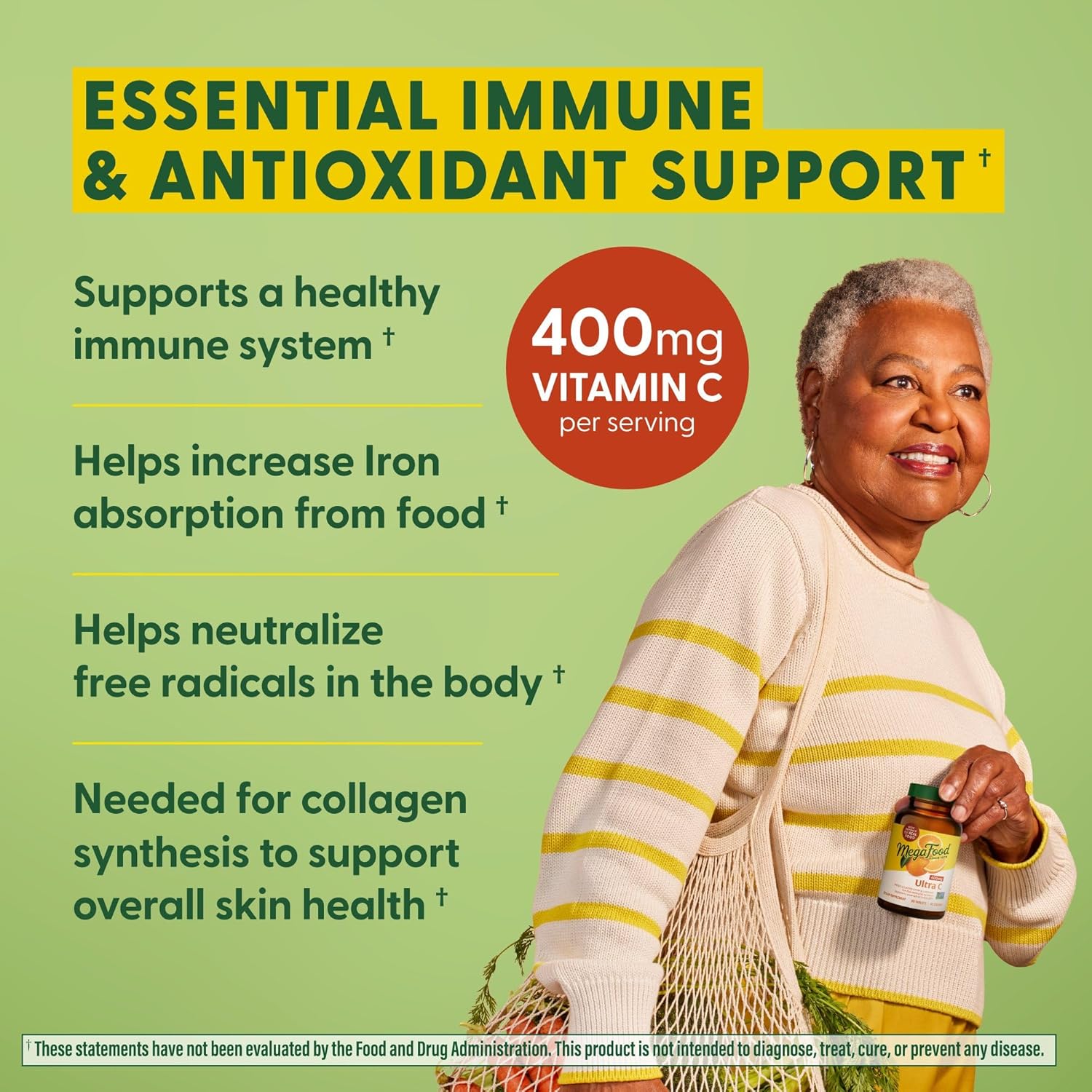 MegaFood Ultra C 400 mg - Vegan Immune Support Supplement with Vitamin C, Made with Real Food Including Broccoli, Carrot, Cranberry & Brown Rice, Gluten-Free, Kosher - 60 Tablets, 60 Servings
