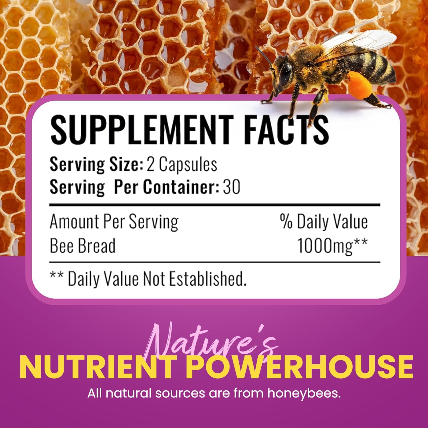 Bee Bread Capsules – Nutrient-Rich Superfood for Energy Boost, Immune Support Supplement | Non-GMO, Gluten-Free, 60 Easy-to-Swallow Veggie Capsules