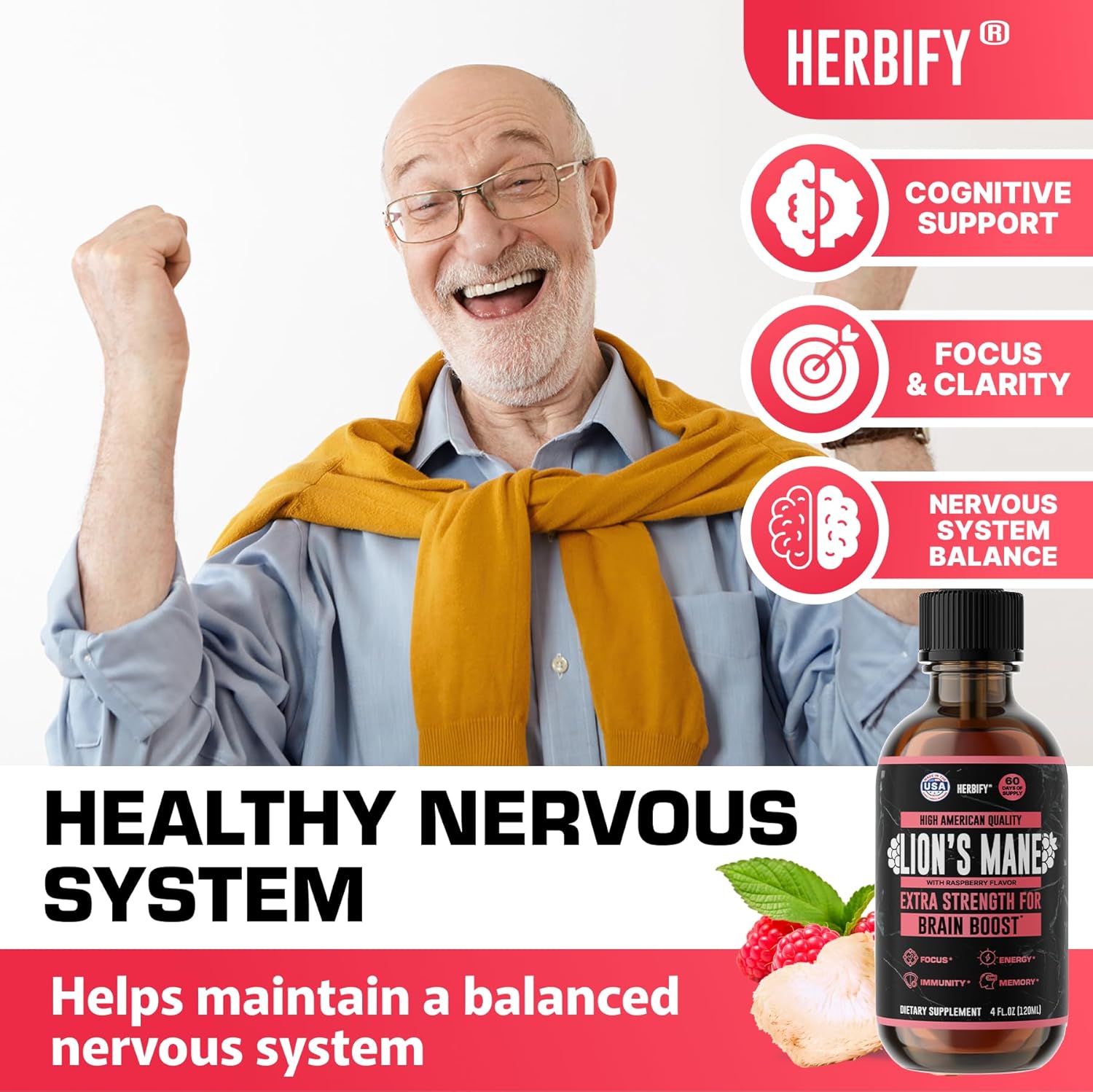 HERBIFY Lions Mane Supplement - Daily Mushroom Supplement for Memory, Focus & Clarity - Brain Booster - Lions Mane Tincture for Natural Immune Support - 4 Fl Oz Raspberry Flavor