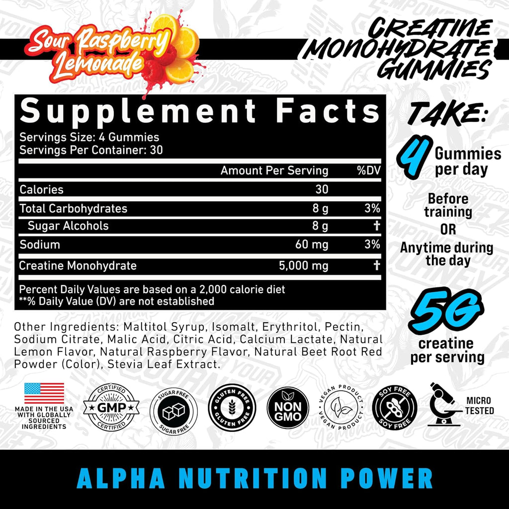 Creatine Monohydrate Gummies 5g for Men & Women | 1.25g Creatine per Gummy for Muscle Growth, Endurance, Recovery, & Focus | Vegan, Non-GMO, Gluten-Free | Sour Raspberry Lemonade Flavor | 120 Count