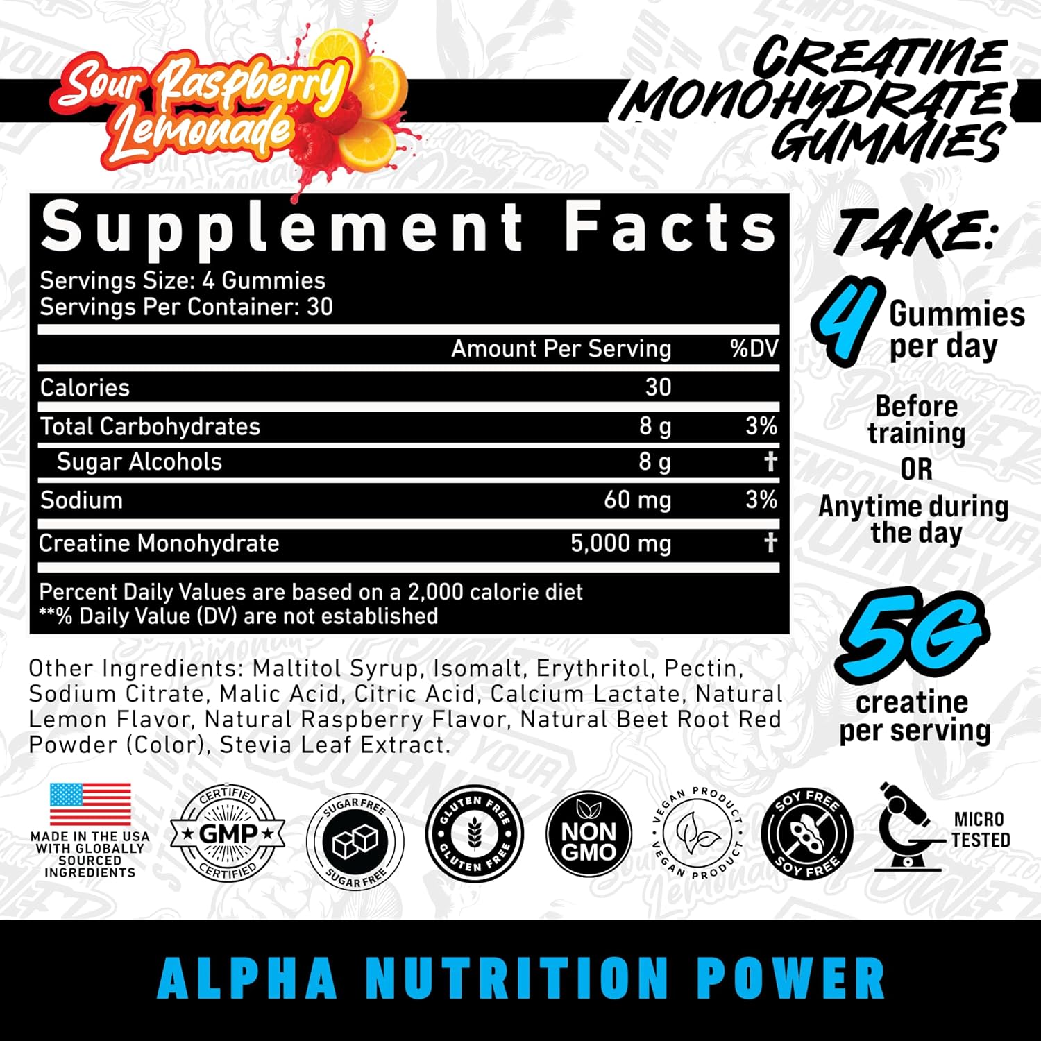 Creatine Monohydrate Gummies 5g for Men & Women | 1.25g Creatine per Gummy for Muscle Growth, Endurance, Recovery, & Focus | Vegan, Non-GMO, Gluten-Free | Sour Raspberry Lemonade Flavor | 120 Count