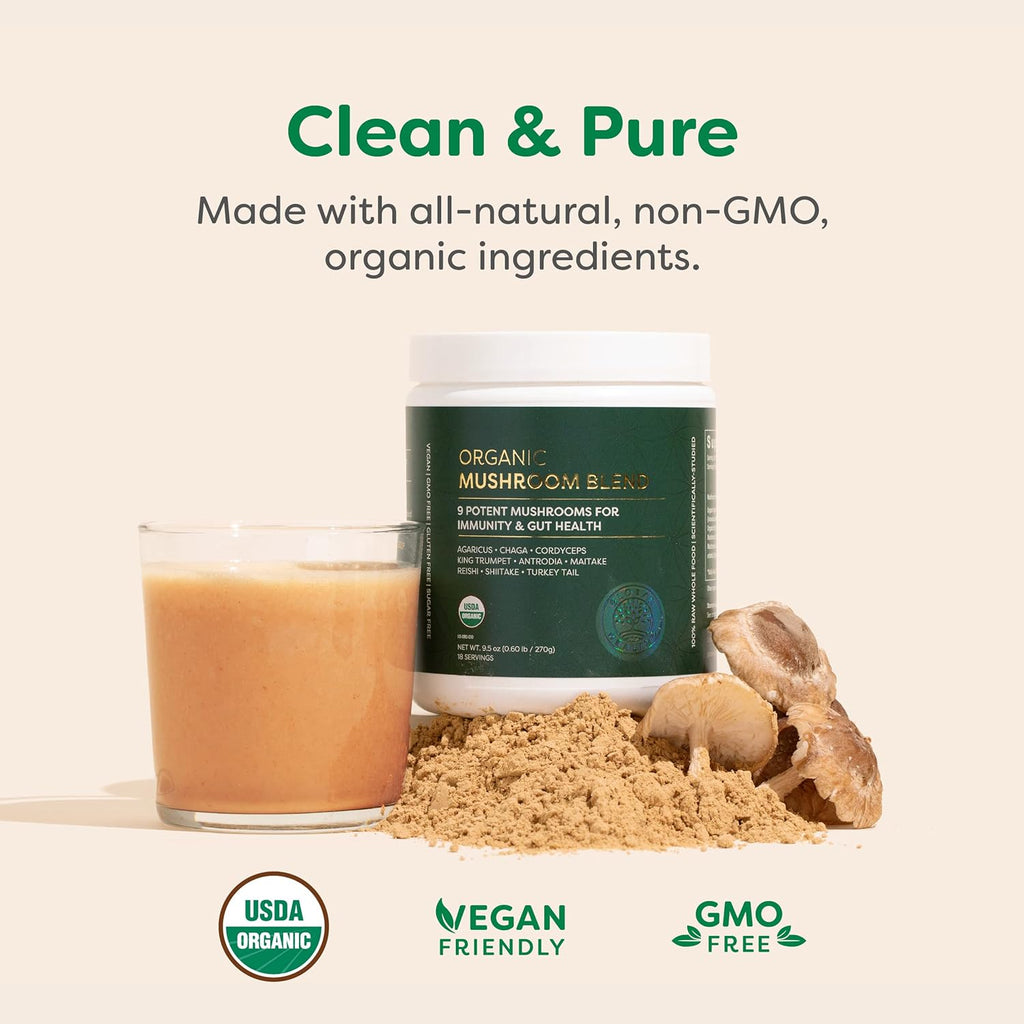 Global Healing Organic Mushroom Powder Supplement Blend 9.5 Ounces - Cordyceps, Chaga, Reishi, Turkey Tail Mushroom for Immune and Gut Health - Nootropic Focus Supplement Superfood