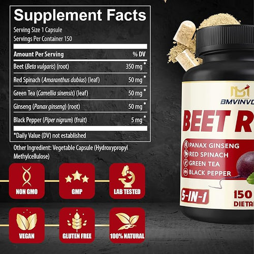 Beet Root, Green Tea, Red Spinach, Ginseng, Black Pepper - 150 Capsules - Supports Digestive, Immune System, Energy Levels - 5 Month Supply
