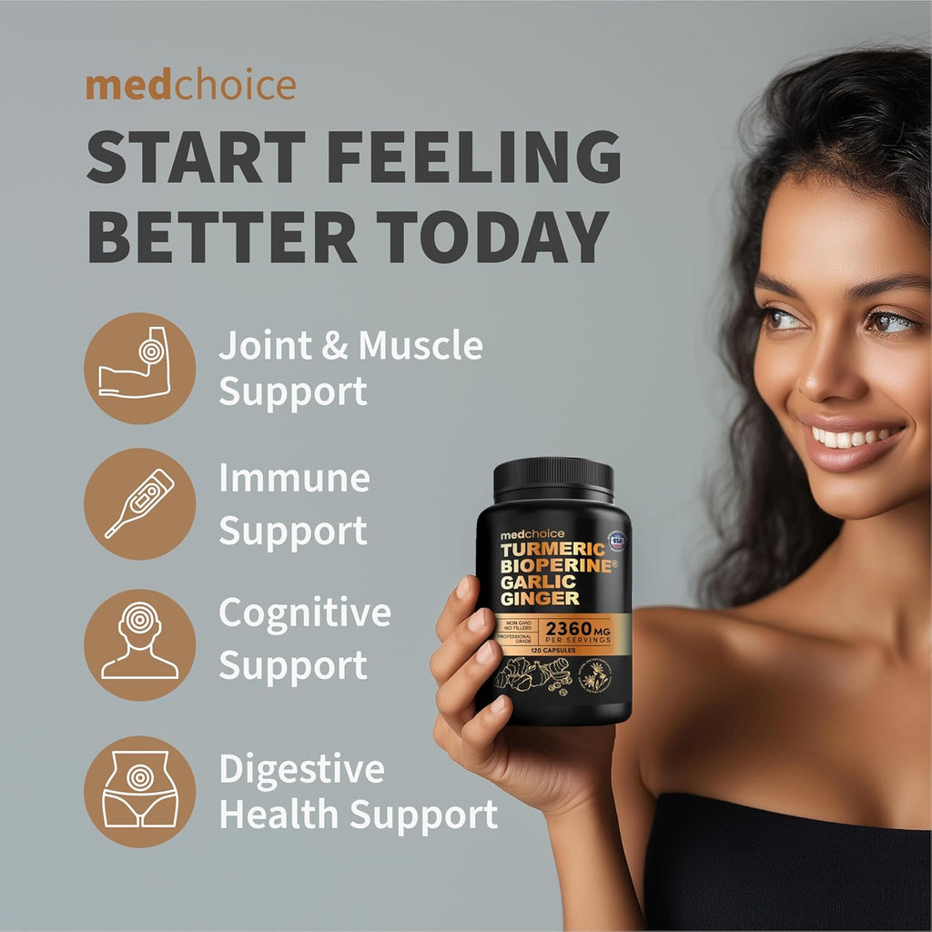 4-in-1 Turmeric and Garlic Supplements with Bioperine 2360 mg Turmeric Ginger Root Capsules with Garlic for Joint, Digestion & Immune Support (120 ct)