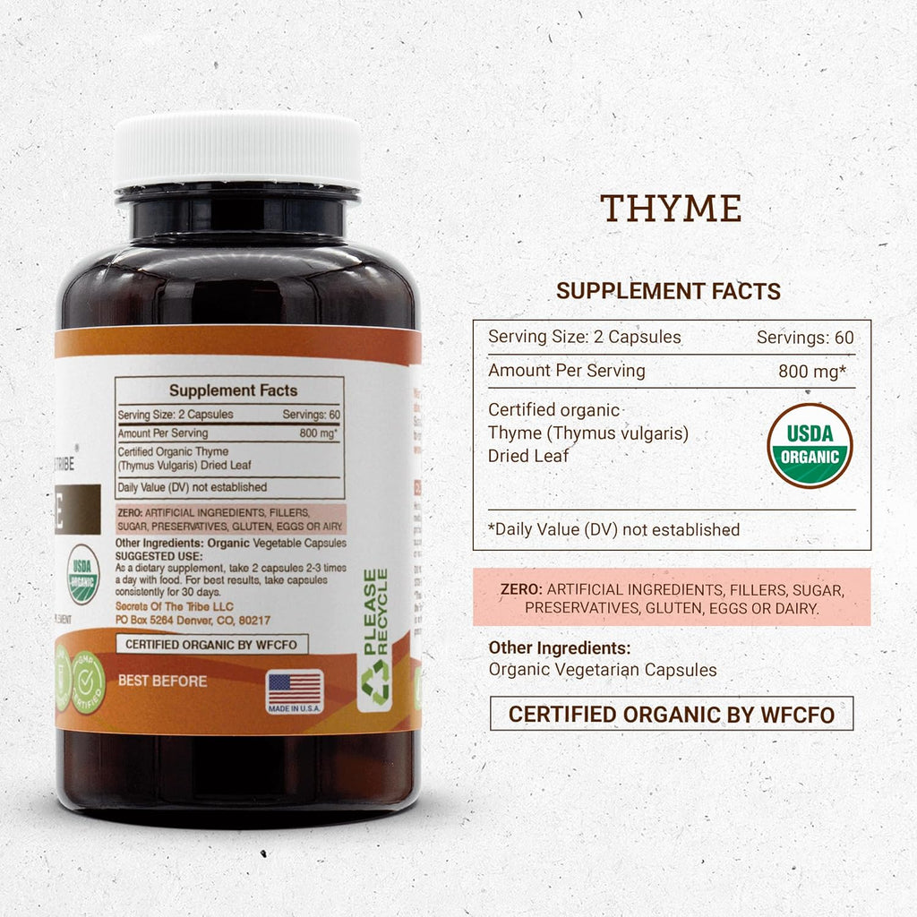 Secrets of the Tribe Thyme USDA Organic | Made with Vegetarian Capsules and Certified Organic Thyme (Thymus Vulgaris) Dried Leaf (120 Capsules)