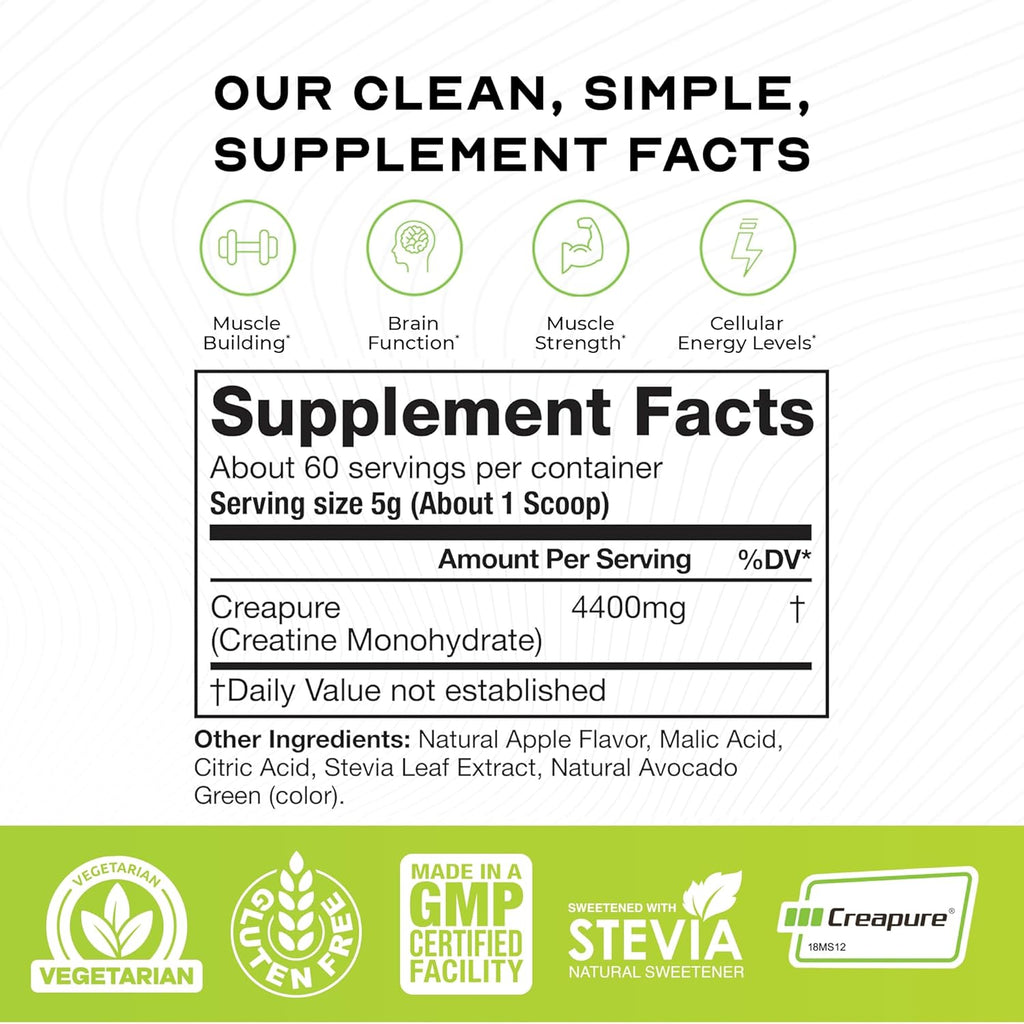 Muscle Feast Creapure Creatine Monohydrate Powder, Vegan Keto Friendly Gluten-Free Easy to Mix, Muscle Recovery Supplement, Creatine for Muscle Growth, Flavored Creatine, Natural Green Apple, 300g