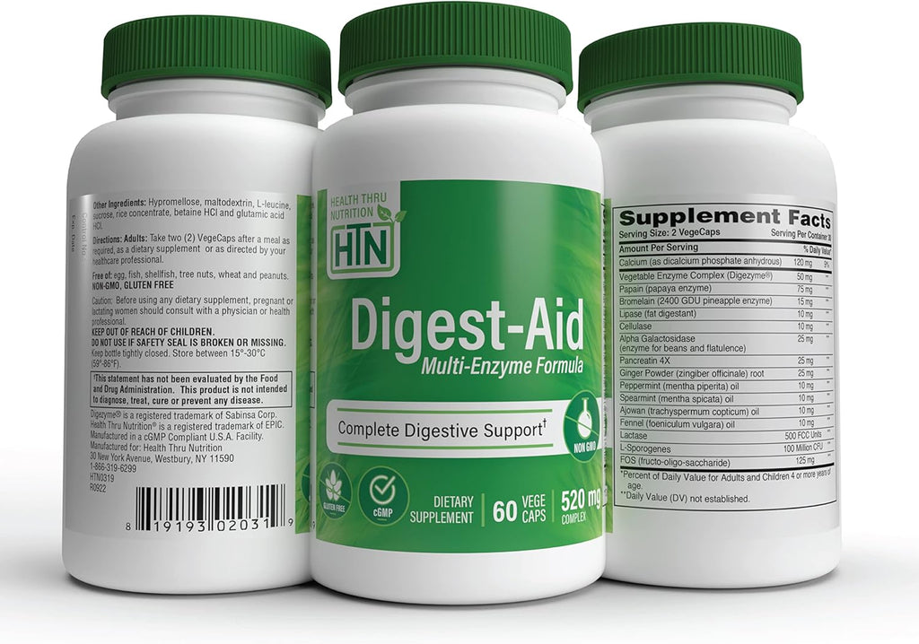 Digest-Aid | Complete Digestive Enzyme Formula with Pre and Probiotic | Digestion & Nutrient Absorption Support | Fast Acting Discomfort Relief | Non-GMO | by Health Thru Nutrition (Pack of 60)