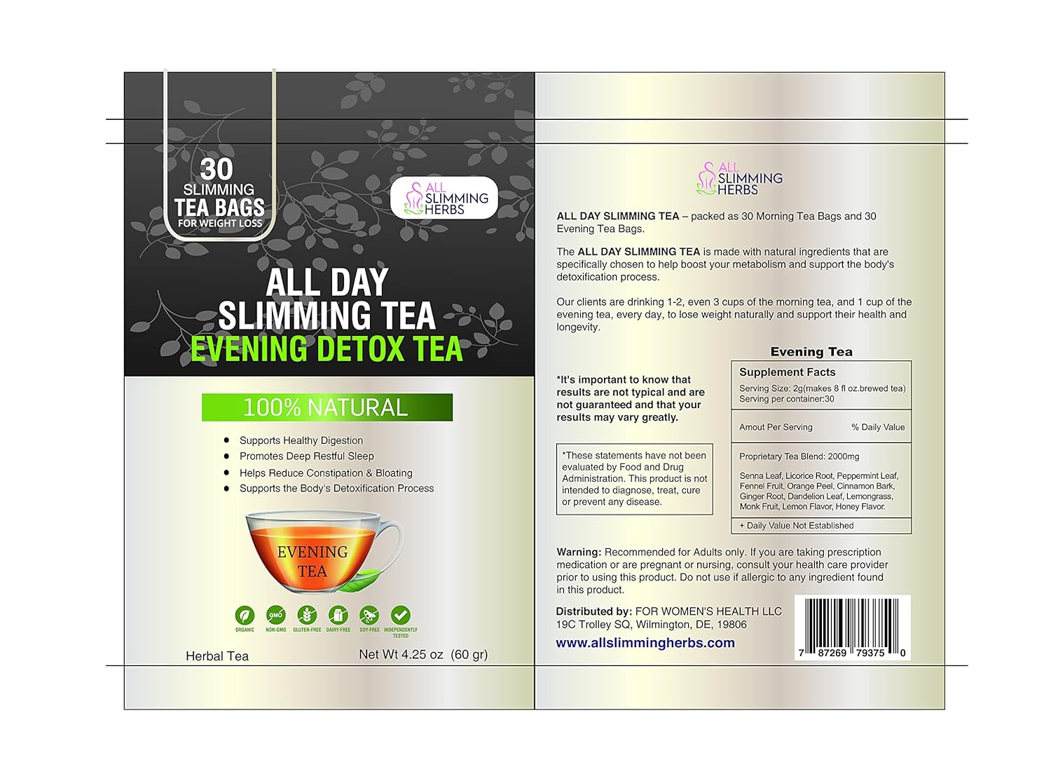 ALL SLIMMING HERBS All Day Slimming Tea For Weight Loss - All Natural 30 Days Detox Teas That Flattens Tummy - Daytime Energy Boost Tea 30 Bags + Evening Detox Tea 30 Bags