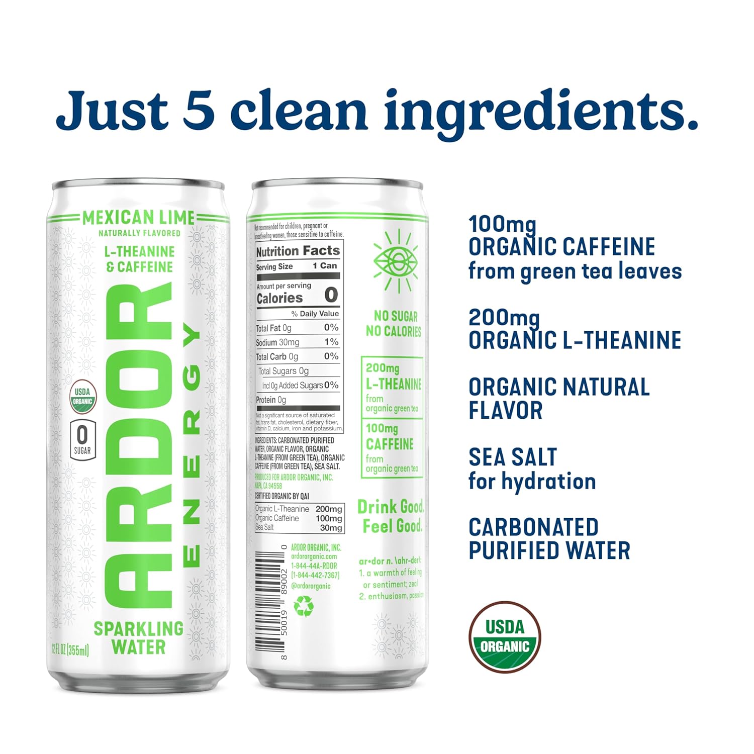 ARDOR Sparkling Water with 100mg Natural Caffeine & 200mg L-Theanine from Organic Green Tea for Smooth Energy & Focus | No Sugar, 0 Calories | Vegan, Gluten-Free | Mexican Lime - 12 Ct