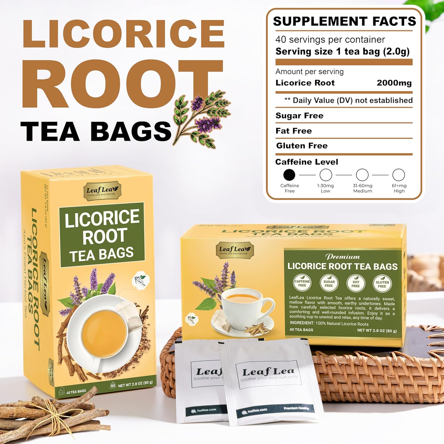 LeafLea 80 Licorice Root Tea Bags, Pure Licorice Spice Tea, Naturally Sweet, Te De Regaliz Herbal Gently Supports Relaxation and Digestive Comfort, Nutrient-Rich, Vegan, Sugar- free, Caffeine Free