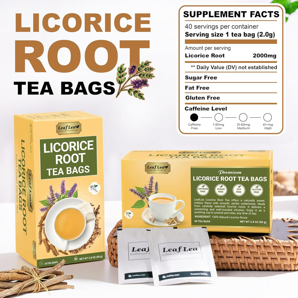 LeafLea 40 Premium Licorice Root Tea Bags, 100% Pure Licorice Spice Tea, Herbal Infusion to Digestive Comfort & Promote Respiratory Health, Te De Regaliz, Caffeine-Free, Sugar-Free, Soothing Flavor