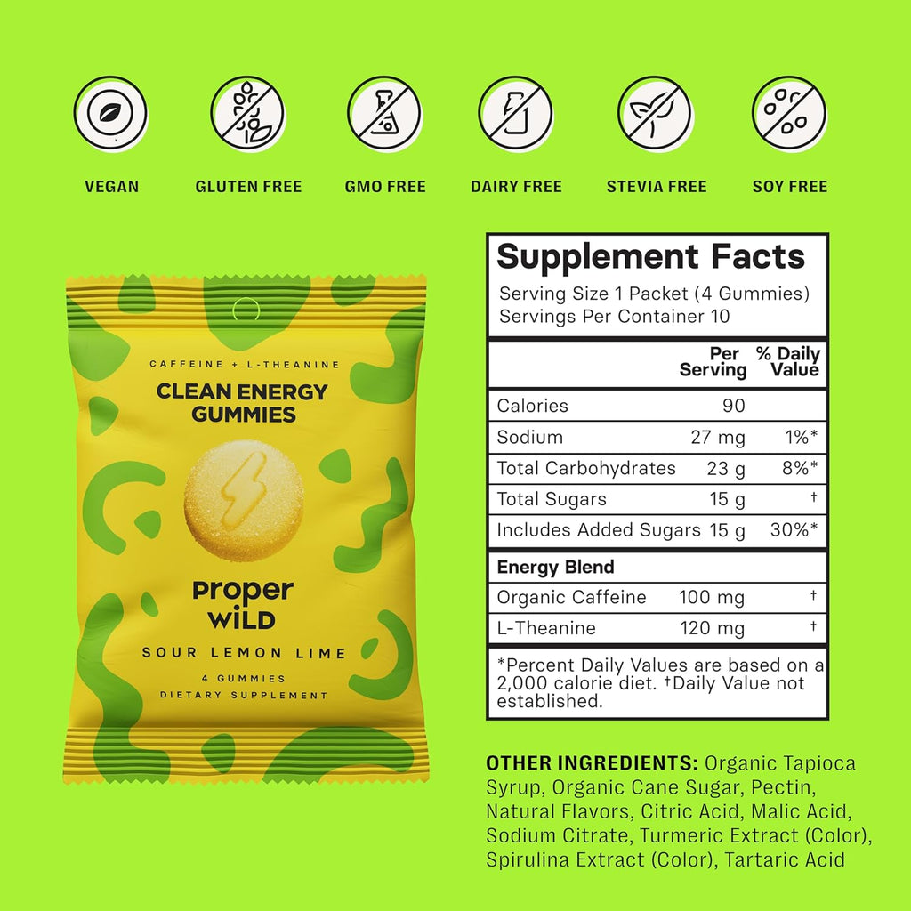 Proper Wild Vegan Energy Gummies with L-Theanine & Organic Caffeine, Clean Energy & Focus, Plant-Based, Gluten-Free, Non-GMO, Dairy-Free, Stevia-Free, Soy-Free, Sour Lemon Lime (10-Pack)