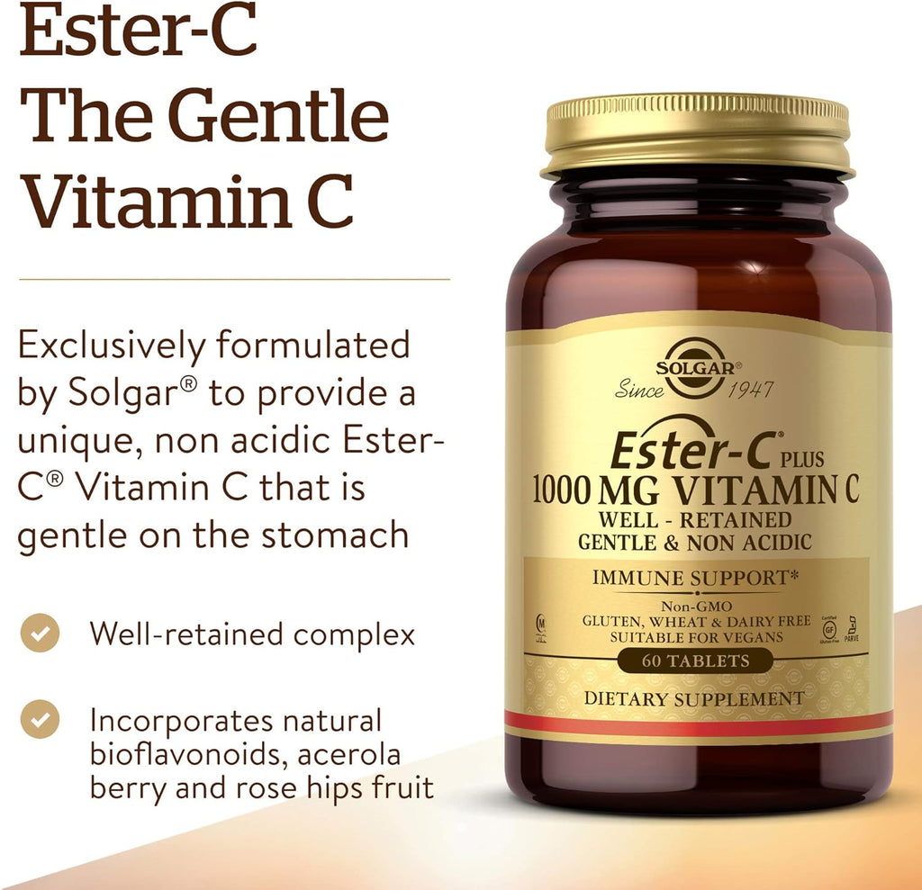 Solgar Ester-C Plus 1000 mg Vitamin C (Ascorbate Complex), 60 Tablets - Gentle On The Stomach & Non Acidic - Antioxidant & Immune System Support - Non GMO, Vegan, Gluten Free, Kosher - 60 Servings