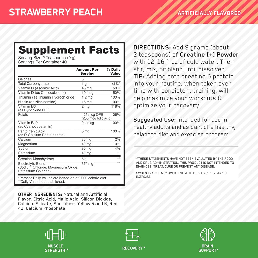 Optimum Nutrition Creatine Monohydrate Plus Powder, Strawberry Peach Flavored Creatine Performance Blend, with Electrolytes for Hydration, Added Vitamins, 40 Servings, 360 Grams (Packaging May Vary)