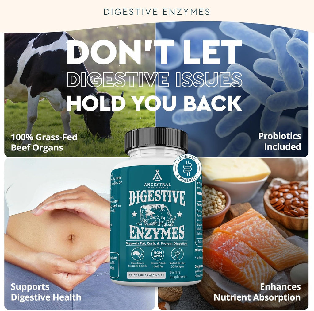 Ancestral Supplements Digestive Enzymes for Women & Men, 90 Capsules, with Probiotics and Grass Fed Beef Organs, Supports Gut Health, Digestive Health & Nutrient Absorption, Allergen Free, Non GMO