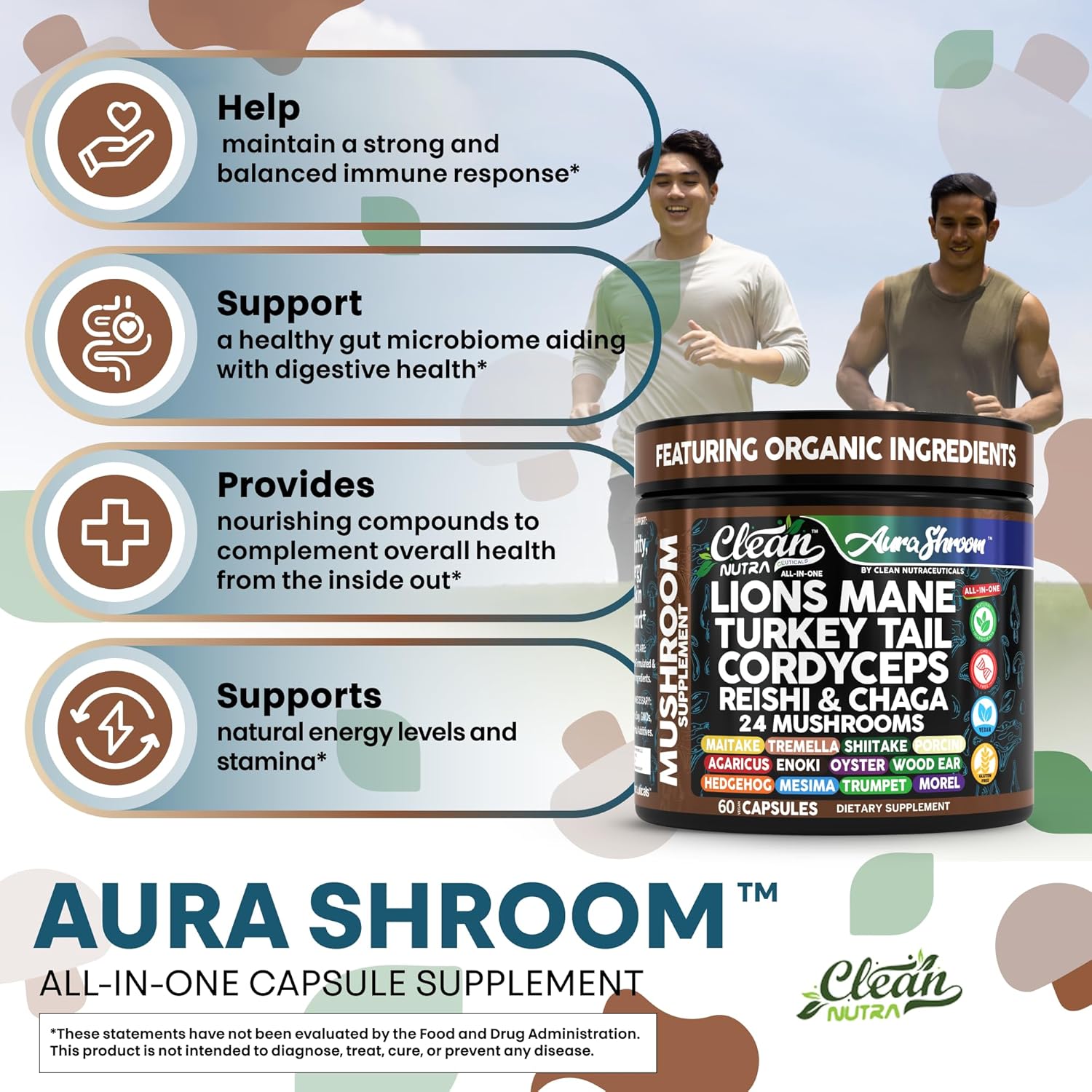 AuraShroom Mushroom Supplement Lions Mane Turkey Tail Cordyceps Reishi Shiitake Chaga Oyster Stress Relief Immune Support Nootropic Energy Portobello Mushrooms 60 Capsules by Clean Nutra
