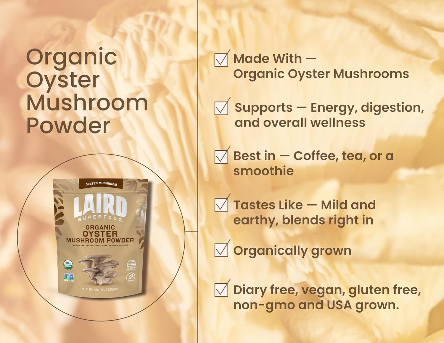 Laird Superfood Organic Oyster Mushroom Powder for Immune and Digestive Support, 3.17 oz. Bag, Pack of 1