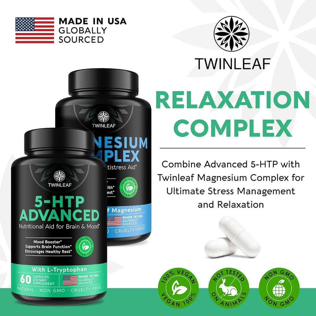 TWINLEAF 5 HTP Supplement for Mood Support - Made in USA - Natural 5-HTP & L-tryptophan Capsules - 5-HTP Booster for Men & Women - Proprietary Formula for Mood and Relaxation - 60 Vegan Capsules