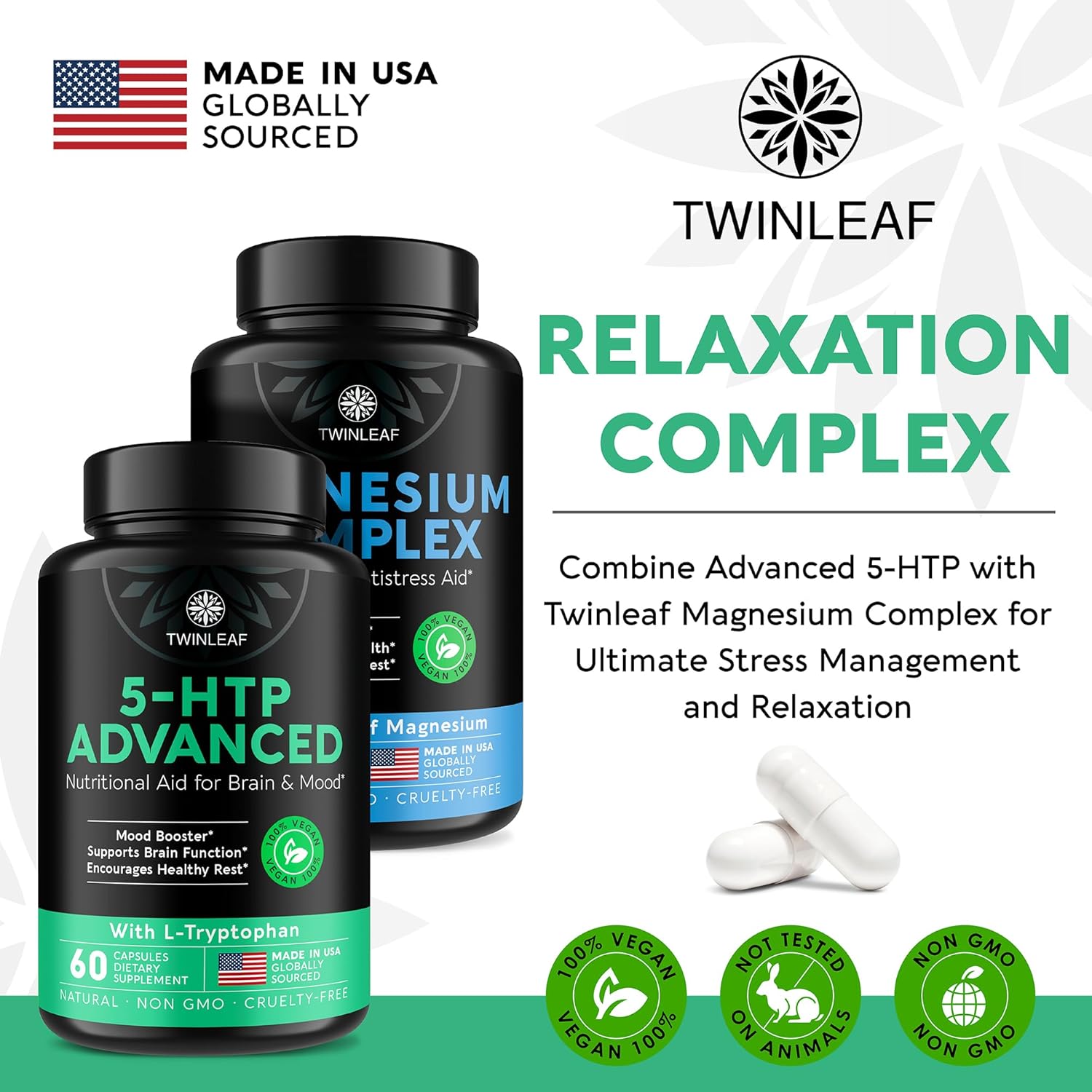 TWINLEAF 5 HTP Supplement for Mood Support - Made in USA - Natural 5-HTP & L-tryptophan Capsules - 5-HTP Booster for Men & Women - Proprietary Formula for Mood and Relaxation - 60 Vegan Capsules
