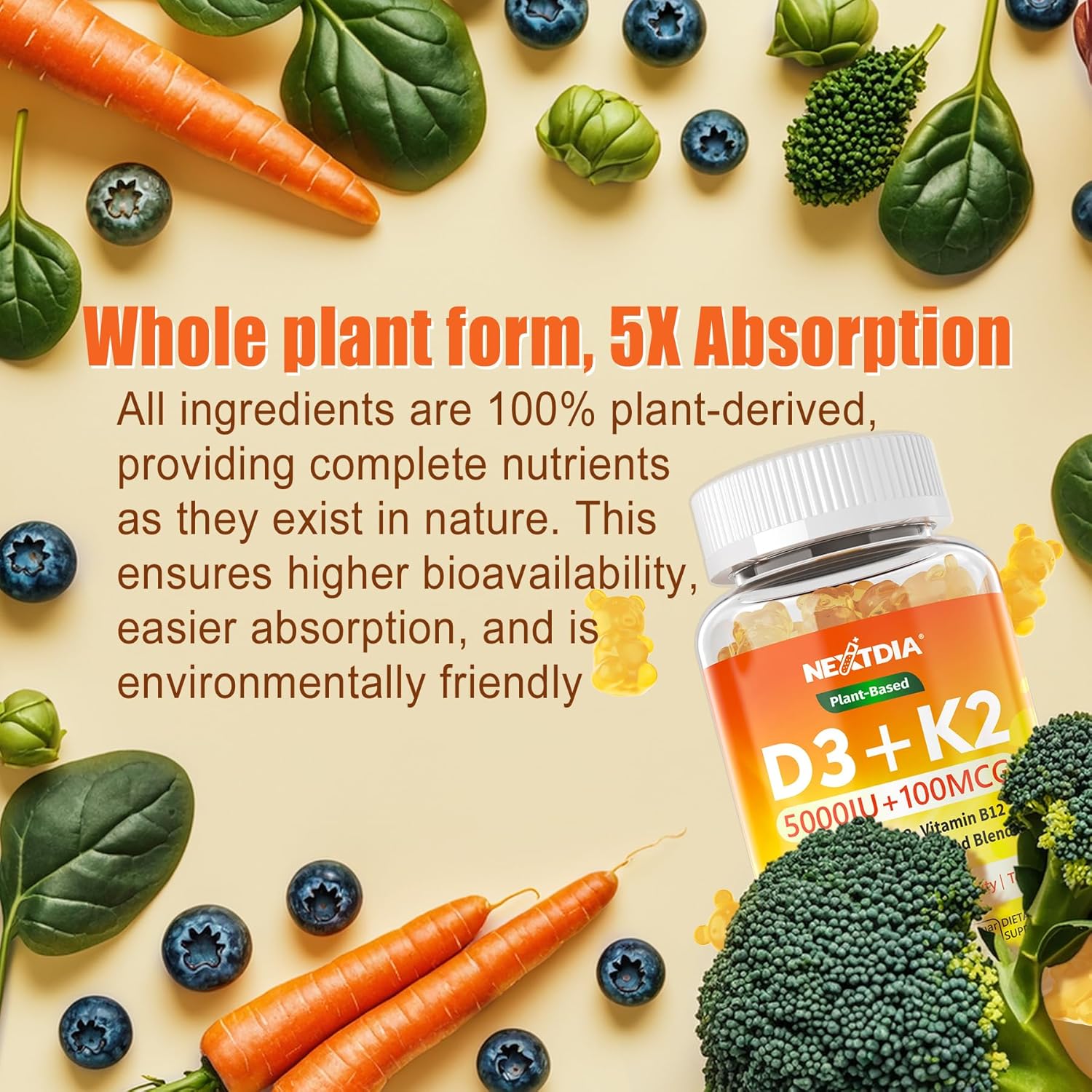 Vitamin D3 K2 Gummies 5000IU / 10,000 IU with Omega-3 250mg+K2(MK-7) 100mcg -5X Absorption Than Standard D3K2,with Vitamin C,Zinc,and 5 Organic Vegetables,Supports Bone & Teeth Strength, Immune,1 Pack