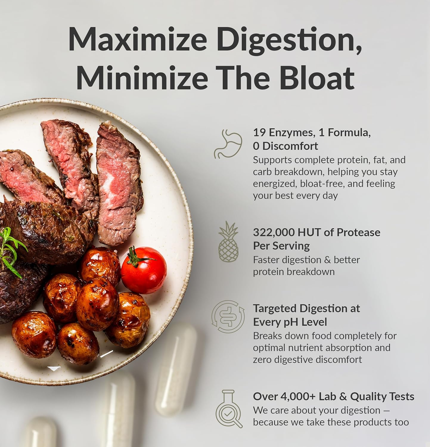 BIOptimizers MassZymes - Complete Digestive Enzymes Supplement for Gut Health - Bloating Relief for Men and Women - Lipase Amylase Bromelain Digestive Enzymes (30 Capsules)
