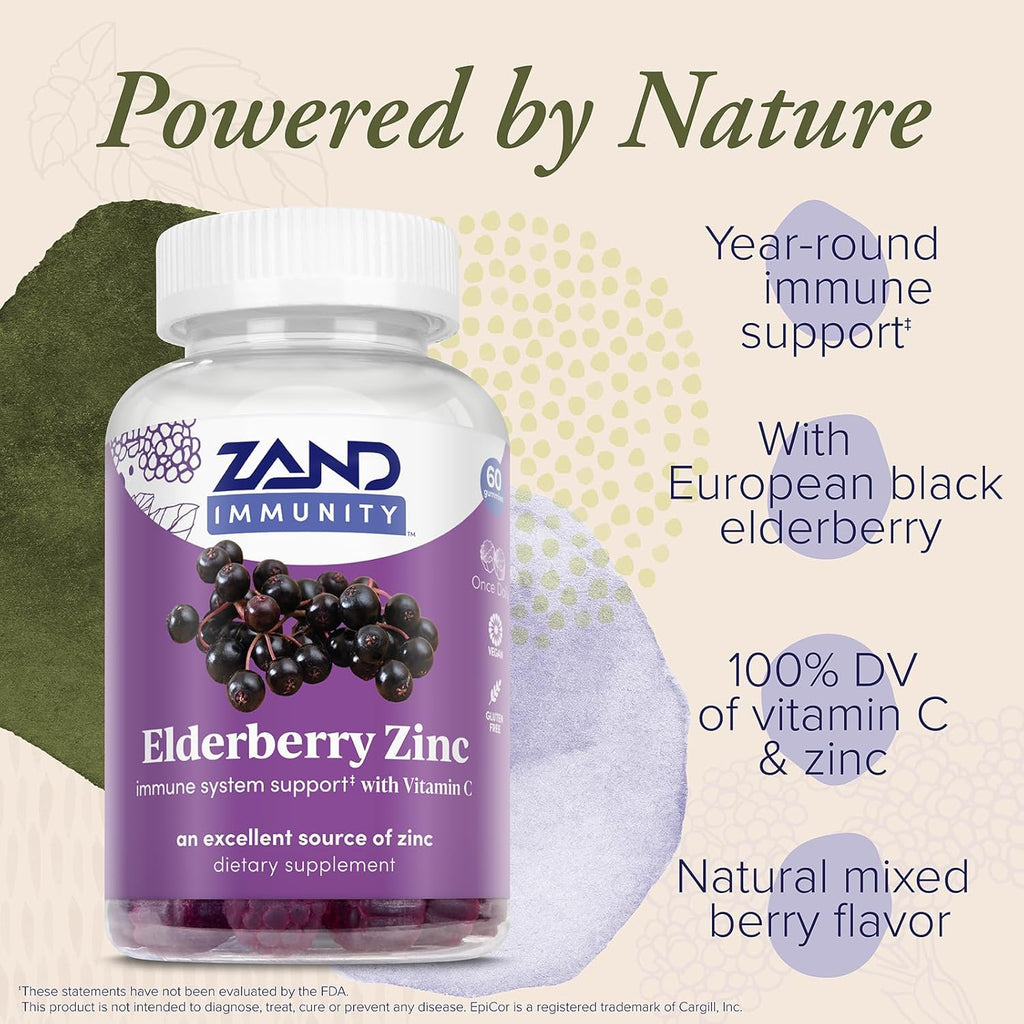 ZAND IMMUNITY Elderberry Zinc Gummies with Vitamin C - Immune Support Supplement - Elderberry Gummies with DV of Zinc and Vitamin C - Mixed Berry Flavor, Vegan, Gluten Free, 60-Day Guarantee, 30 Serv.