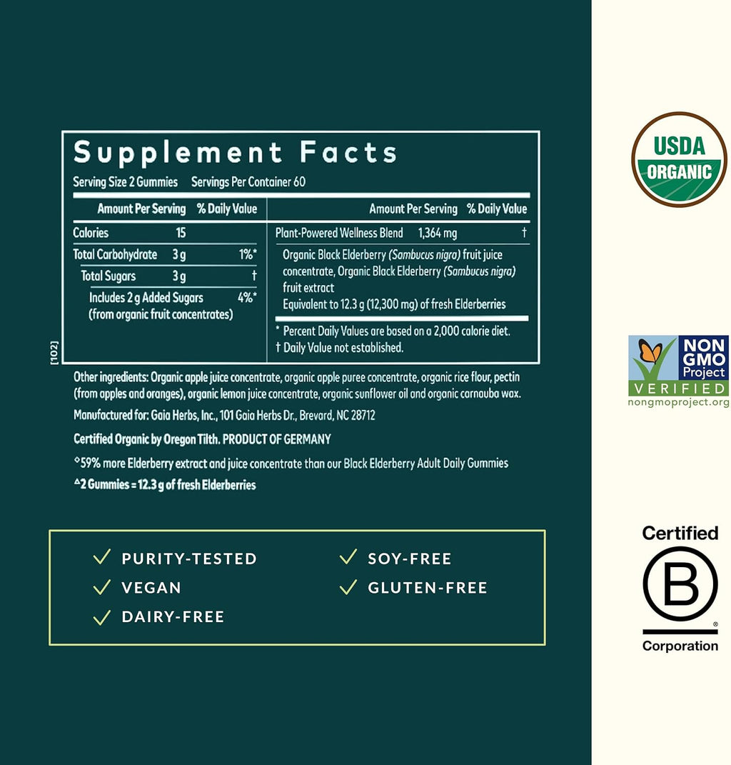 Gaia Herbs Black Elderberry (Sambucus Nigra) Extra Strength Gummies - Delicious Immune Support Supplement - Made with Certified Organic Black Elderberries for Immune System Support - 120 Gummies