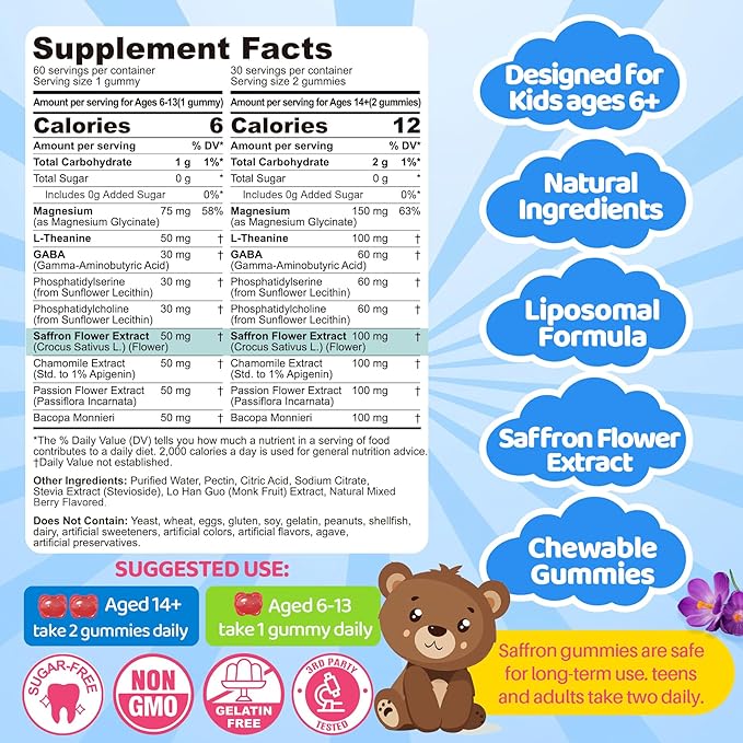 Saffron for Kids Gummies, Liposomal Saffron Supplements Focus Calm Gummies, Organic Saffron Extract with Magnesium Glycinate, L-Theanine & GABA for Mood Sleep - Melatonin Free, Sugar Free, Vegan,120Ct