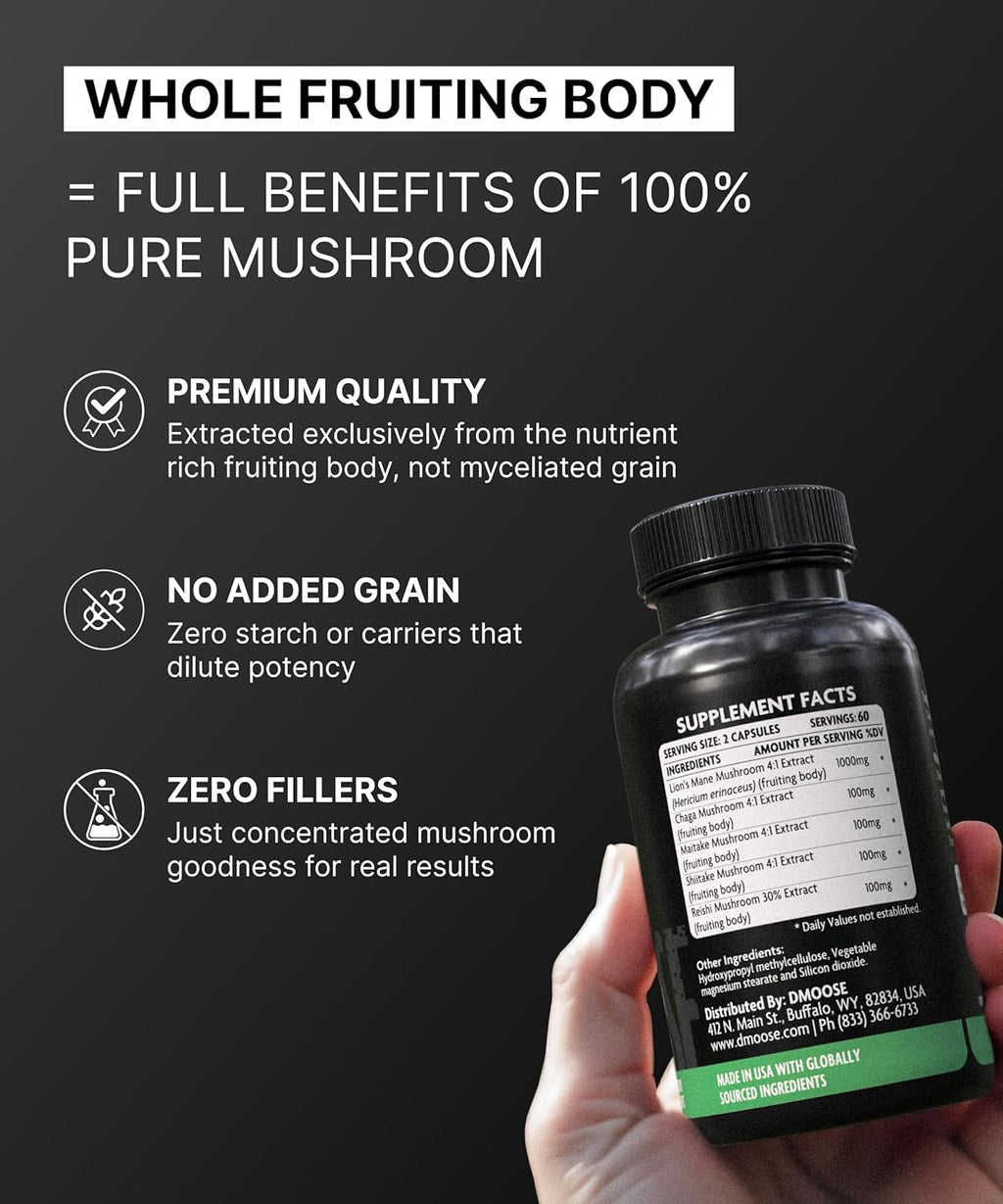 Lions Mane Mushroom Complex - 5300 mg Adaptogenic Blend for Memory, Focus and Immune Support - 5 in 1 Lionsmane, Chaga, Maitake, Shiitake and Reishi Extract - Nootropic Mushroom Supplement Capsules