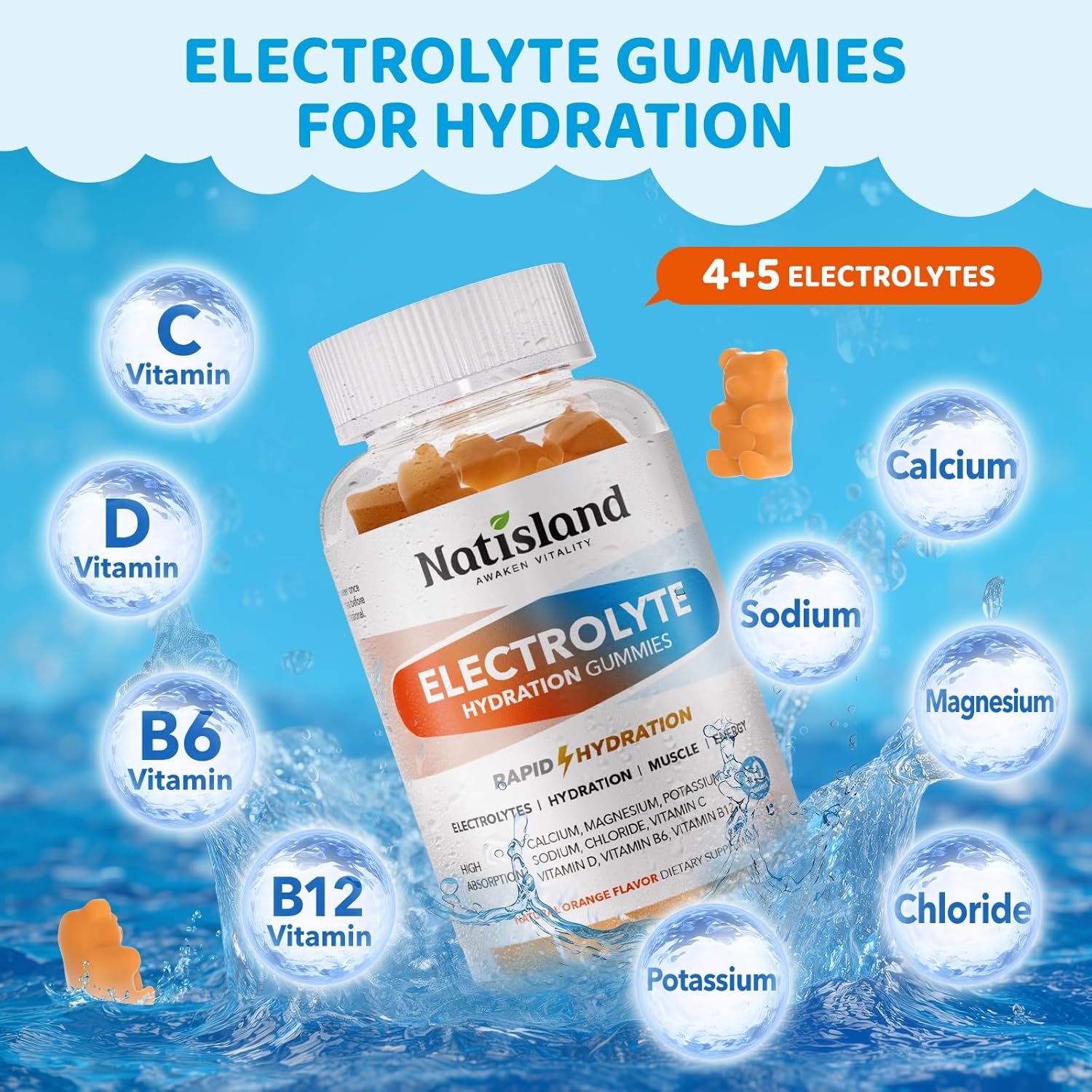 Electrolyte Gummies for Hydration, Electrolyte Chewables for Kids & Adults, with Potassium, Magnesium, Calcium, Sodium, Chloride for Runners and Endurance Sports, Orange Flavor, Vegan, 60 Chews