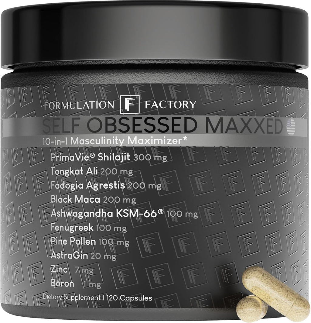 Self Obsessed MAXXED: 10-in-1 Men's Vitality Formula with Shilajit, Tongkat, Ashwagandha, Maca, Fadogia, Fenugreek, Pine Pollen, Zinc, Boron & AstraGin® - 120 Capsules – 2-Month Supply (1 Pack)