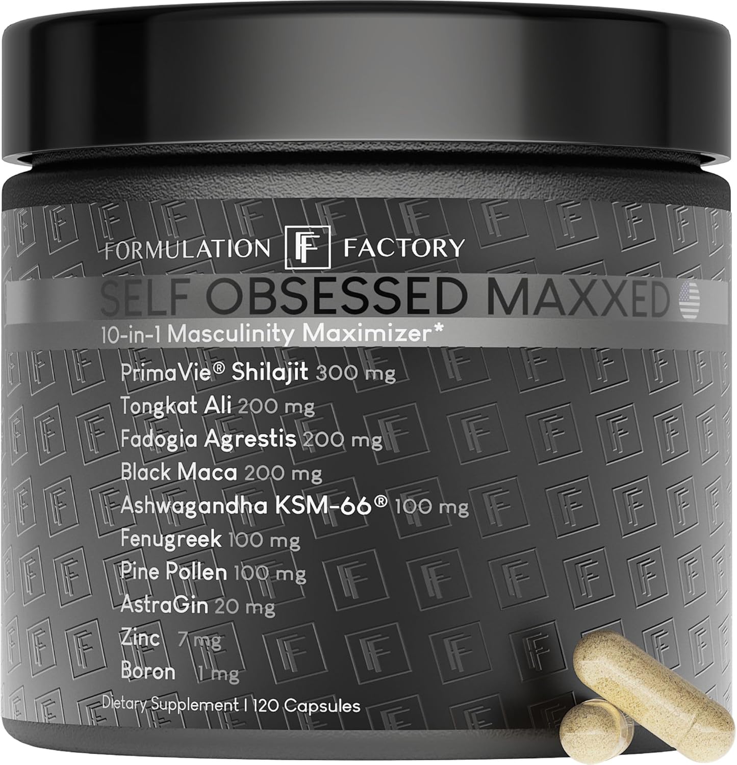 Self Obsessed MAXXED: 10-in-1 Men's Vitality Formula with Shilajit, Tongkat, Ashwagandha, Maca, Fadogia, Fenugreek, Pine Pollen, Zinc, Boron & AstraGin® - 120 Capsules – 2-Month Supply (1 Pack)