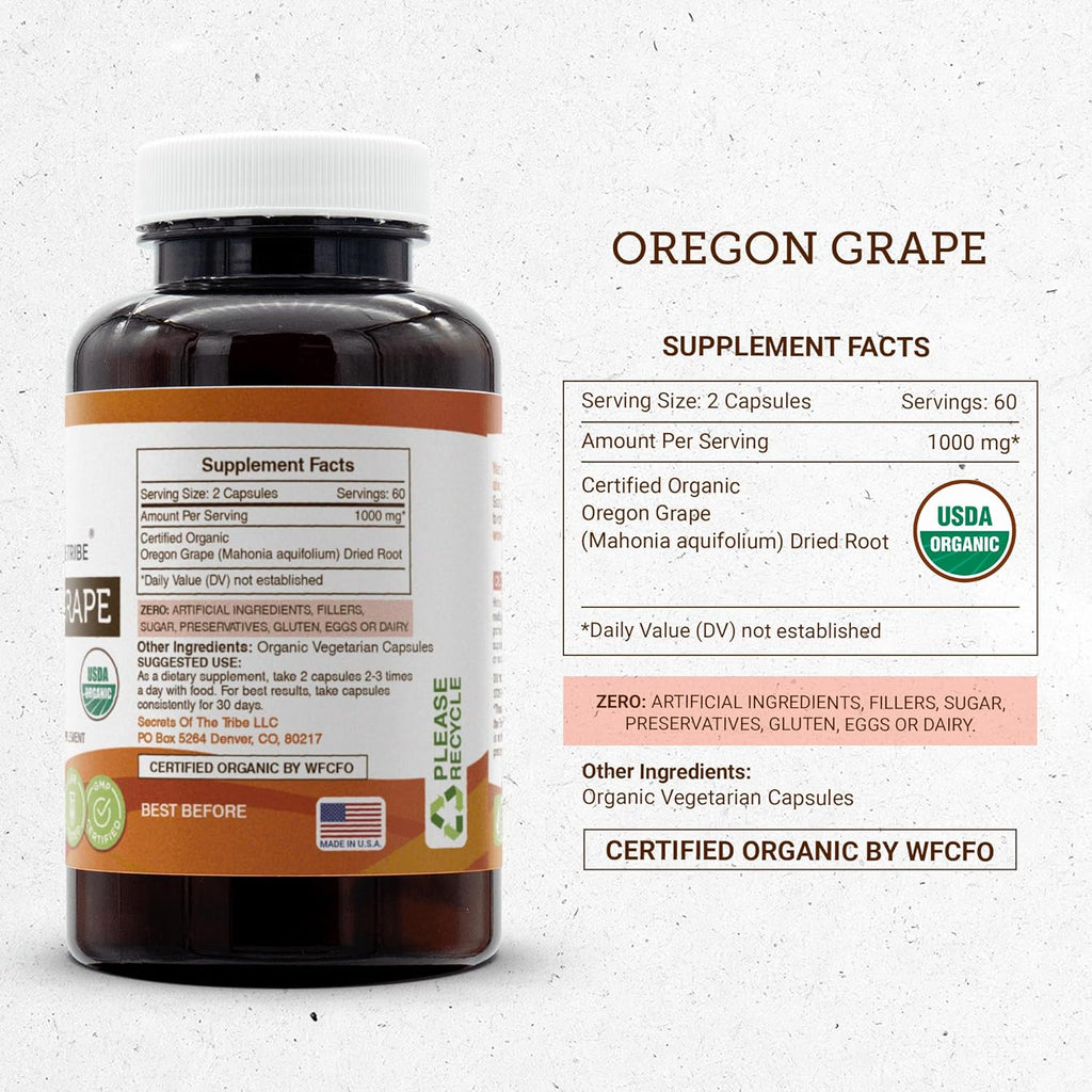 Secrets of the Tribe Oregon Grape USDA Organic Capsules | Certified Organic Vegetarian Capsules, Herbal Dietary Supplement | Mahonia aquifolium Dried Root (120 Count)