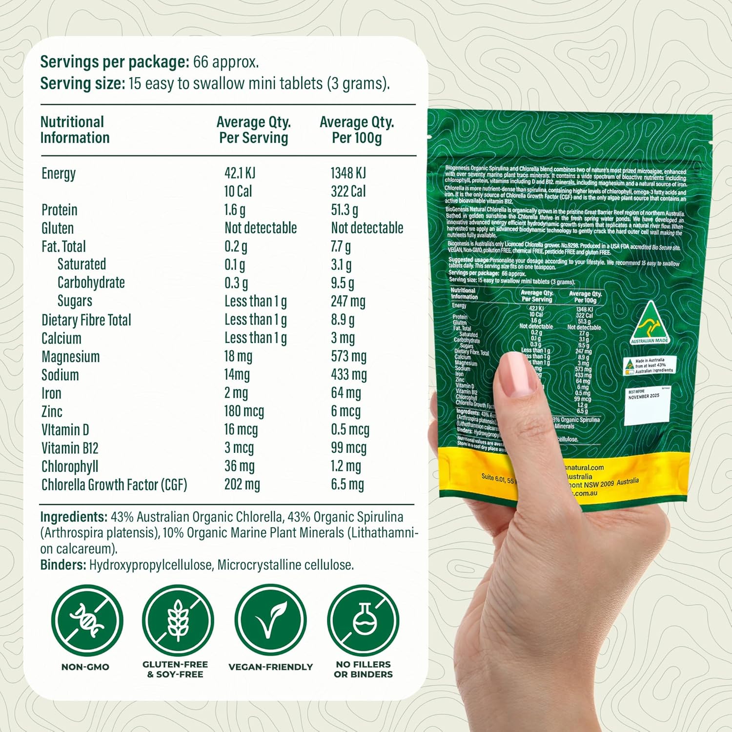 Biogenesis Organic Spirulina, Chlorella & Marine Plant Minerals - 1000 Count (200 mg) | Australian Grown Algae Superfood | Support Energy & Immunity | Vegan Mini Tablets
