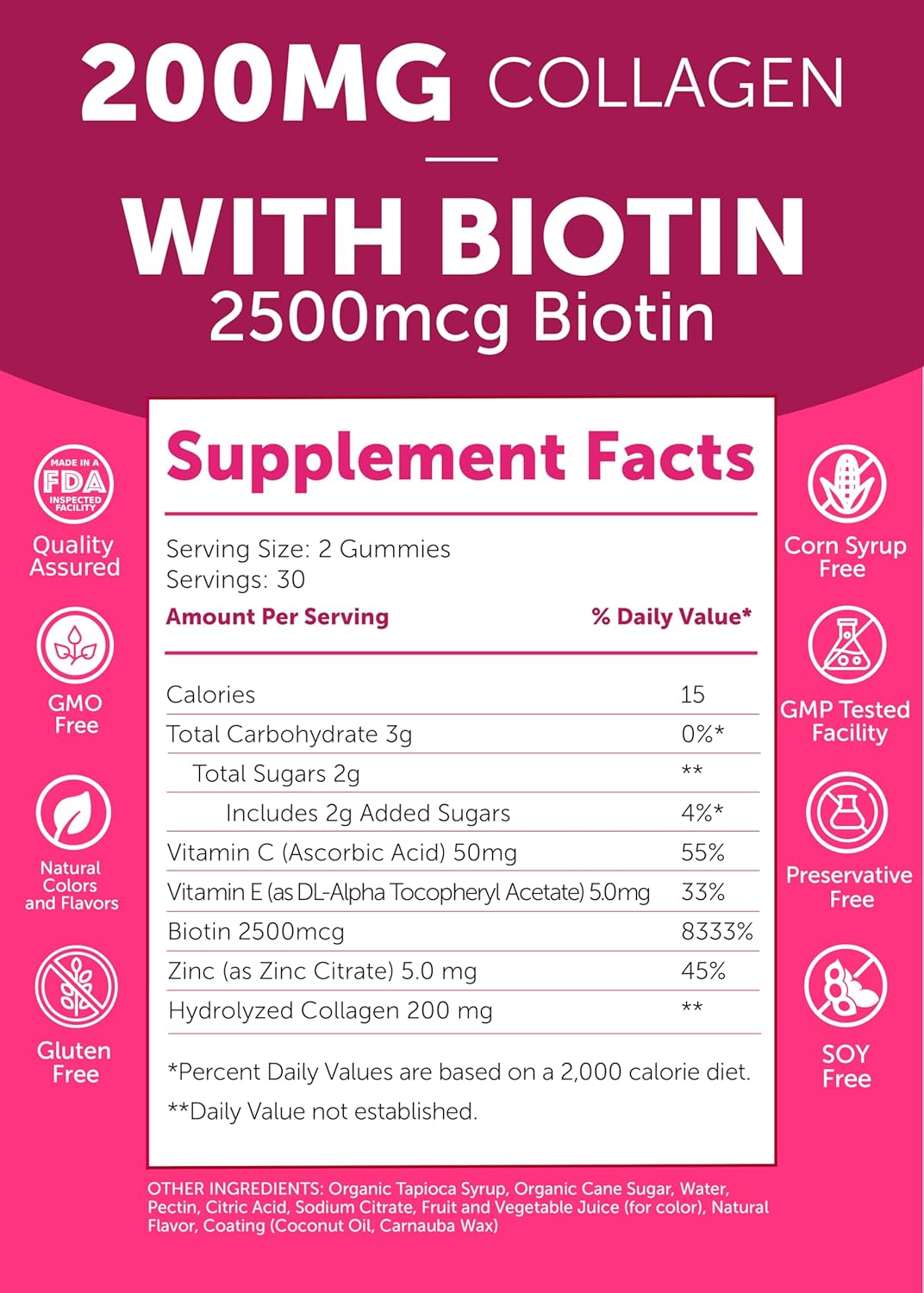 Lunakai USA Made Collagen Peptides Gummies - 200mg Non-GMO Anti-Aging Formula with Biotin, Zinc, Vitamins C & E for Hair, Skin and Nails, 60ct