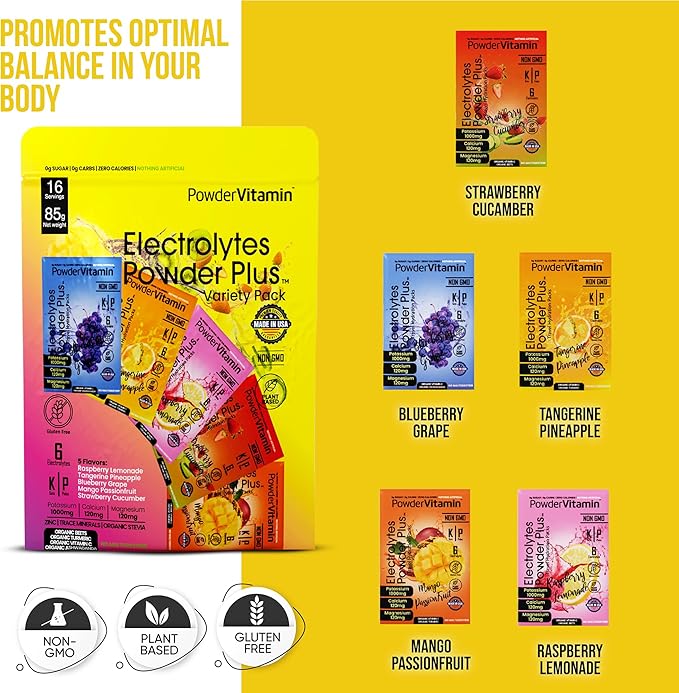 PowderVitamin Electrolytes Powder Plus, Keto, Variety Pack B, Sugar Free, Pink Himalayan Salt, 1000mg Potassium, 120mg Calcium, 120mg Magnesium, Non-GMO, Zero Calories, (16 Hydration Packets)