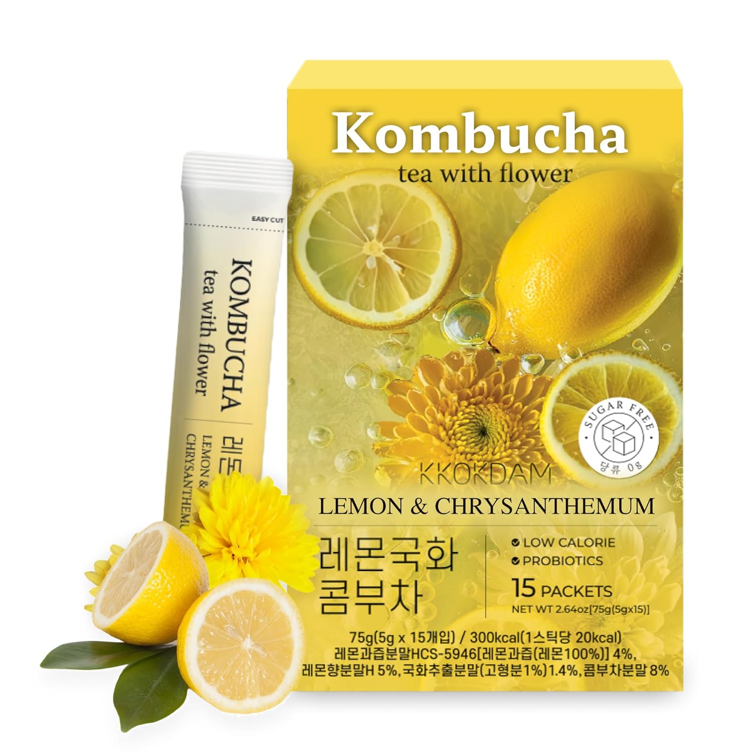 KKOKDAM Kombucha Tea - Lemon & Chrysanthemum Korean Tea - Kombucha Drinks Probiotic Support, Low Calorie, Sugar Free Drink Pack - 15 Kombucha Drink Packs