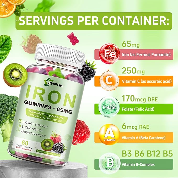Iron Gummies for Women Men Vitamin Supplement 65mg & Vitamin C 250mg Per Serving with B6 B12 Folate- Energy Support for Iron Deficiency, Anemia, Vegan Raspberry Kiwi & Blackberry Flavor, 120 Gummies