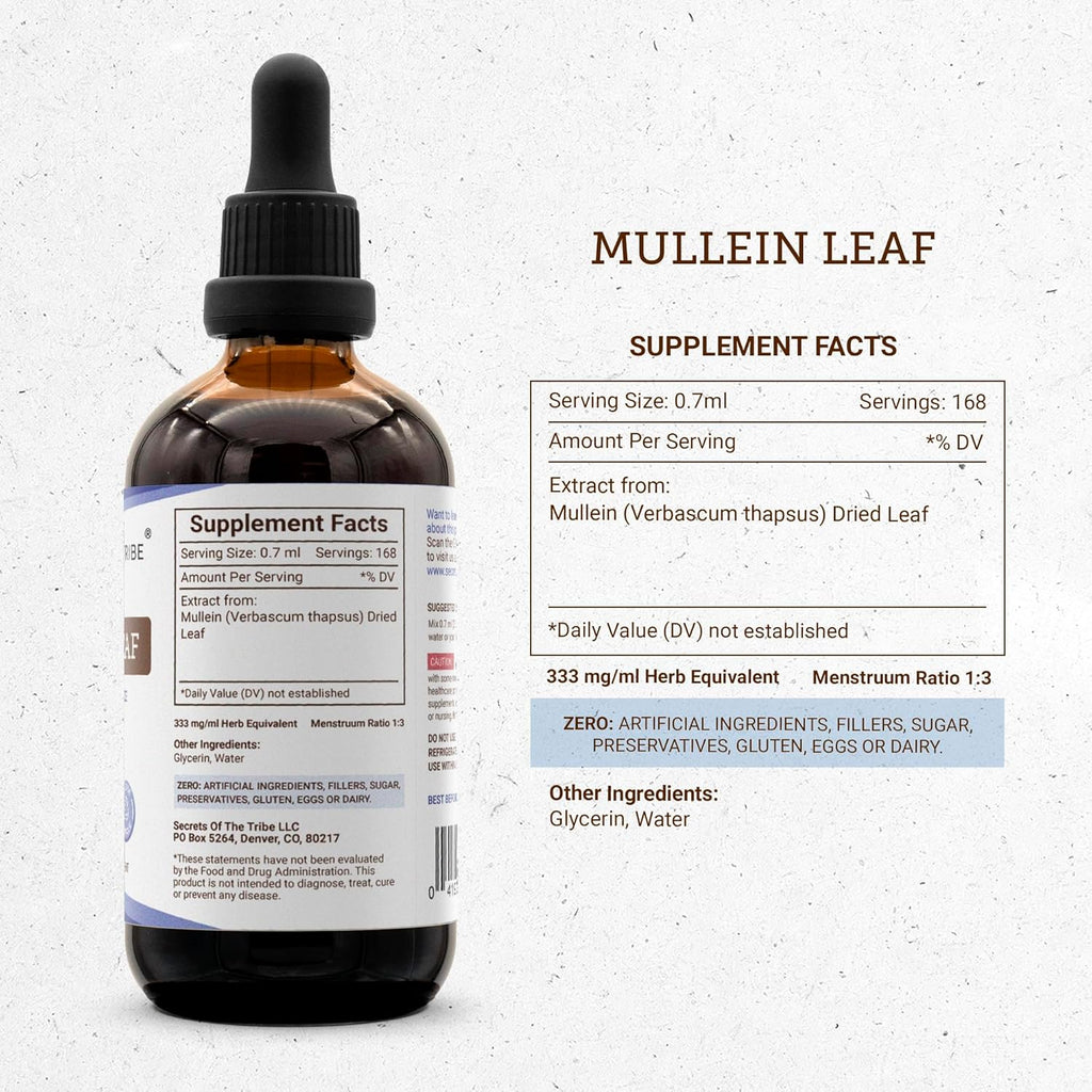 Secrets of the Tribe Mullein Leaf Tincture Alcohol-Free Liquid Extract, Mullein (Verbascum thapsus) (4 FL OZ)