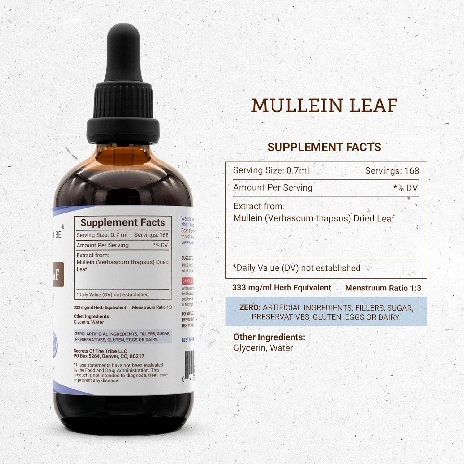 Secrets of the Tribe Mullein Leaf Tincture Alcohol-Free Liquid Extract, Mullein (Verbascum thapsus) (4 FL OZ)
