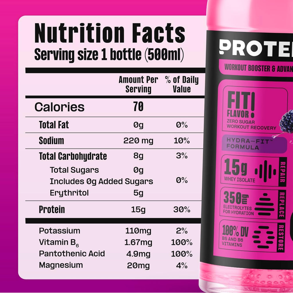Protein2o Hydration Drink - 2-in-1 Liquid Clear Whey Protein Isolate and Electrolyte Drink - 15g Protein, Vitamins B5, B6 - Post-Workout Recovery - 16.9 Fl Oz - 12 Count Dragon fruit Blackberry
