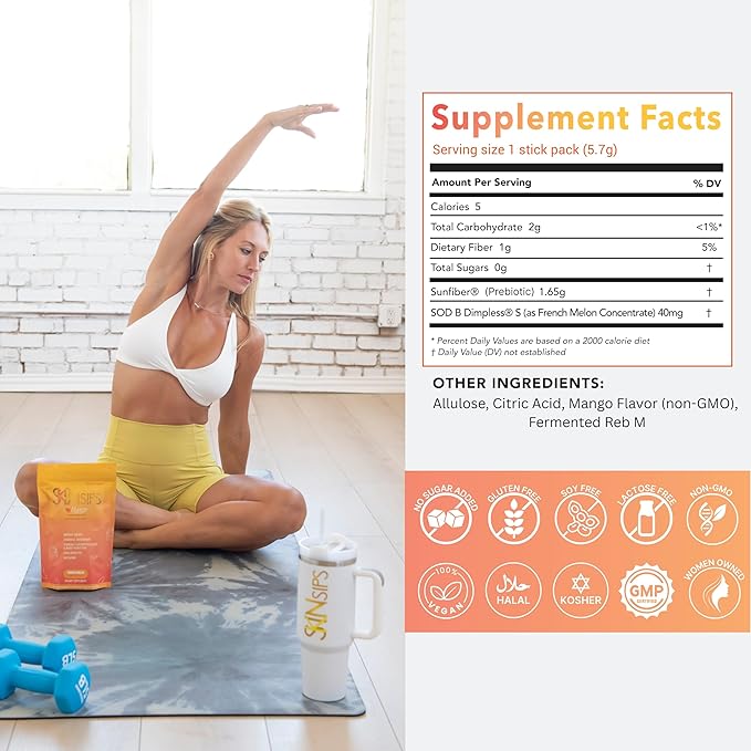 Skin Health & Energy Boost Drink Mix- Sugar Free, SOD B (TM), Antioxidants from French Melon Concentrate, On The Go Stick Packs, Mango, 30 Pack