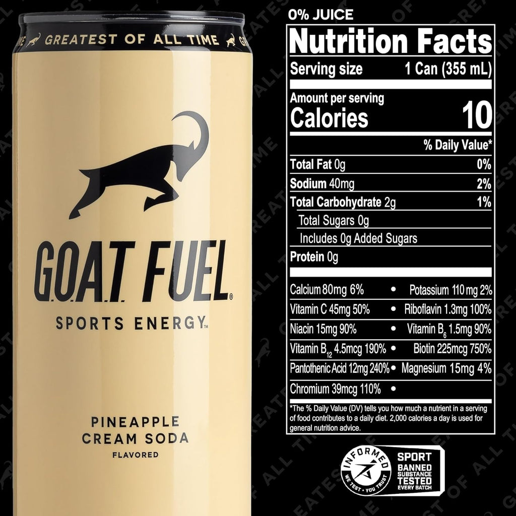 G.O.A.T. Fuel Energy Drink, Co-Founded by Jerry Rice, Natural Caffeine, Electrolytes, BCAAs, Cordyceps Mushrooms & Antioxidants, Light Carbonation Pre Workout, 12 Pack, 12 FL Oz, Pineapple Cream Soda