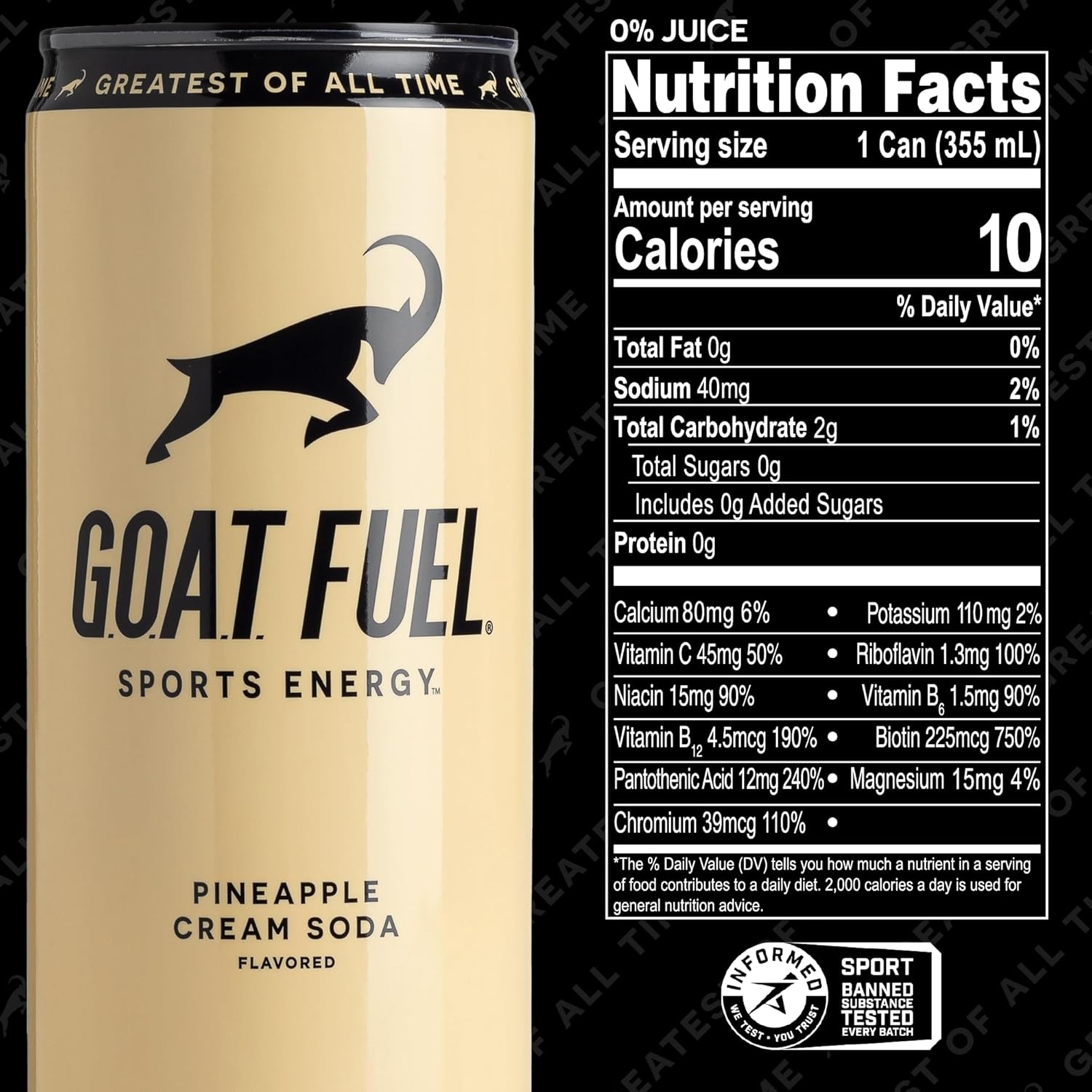 G.O.A.T. Fuel Energy Drink, Co-Founded by Jerry Rice, Natural Caffeine, Electrolytes, BCAAs, Cordyceps Mushrooms & Antioxidants, Light Carbonation Pre Workout, 12 Pack, 12 FL Oz, Pineapple Cream Soda
