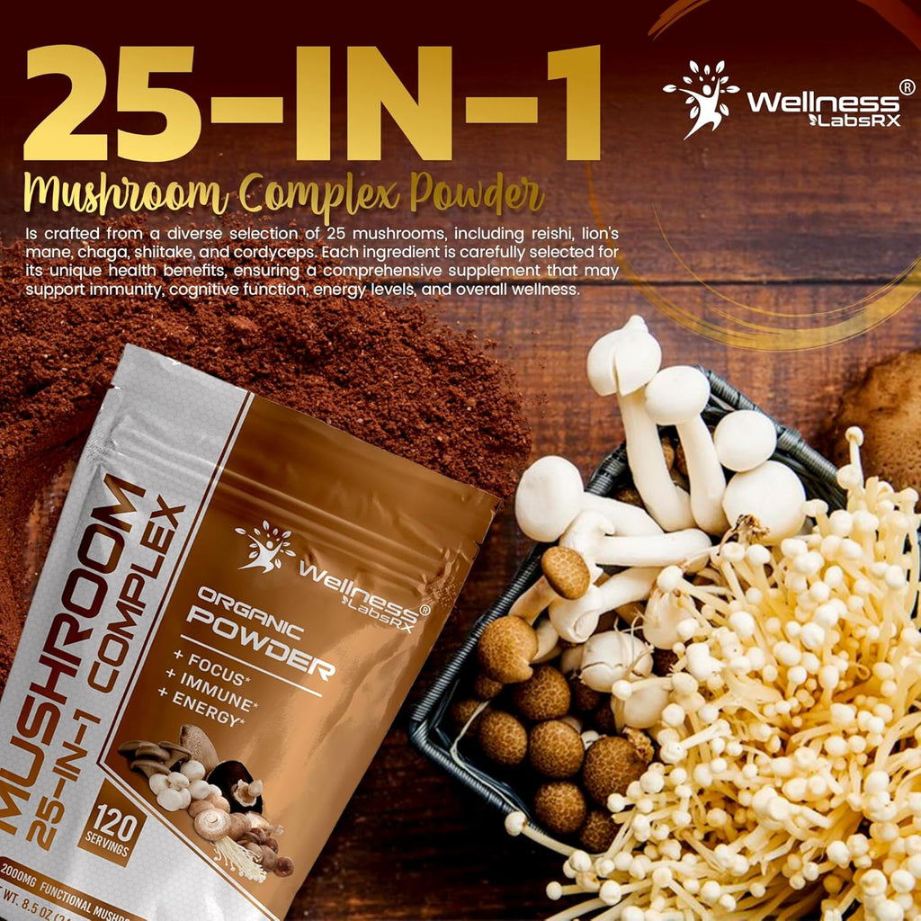 Mushroom Powder, 25 in 1 Mushrooms Supplement - 2000mg, 25 Superfood Mishroom Lions Mane Powder with Chaga, Shiitake, Cordyceps, Reishi - Lion's Mane Mushroom - Pack of 2