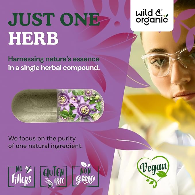 Wild & Organic Passion Flower Capsules 600 mg - Calming & Mood Support - Passionflower Extract Supplement - Passiflora Incarnata Herb - Vegan, No Fillers, Non-GMO - 180 Count