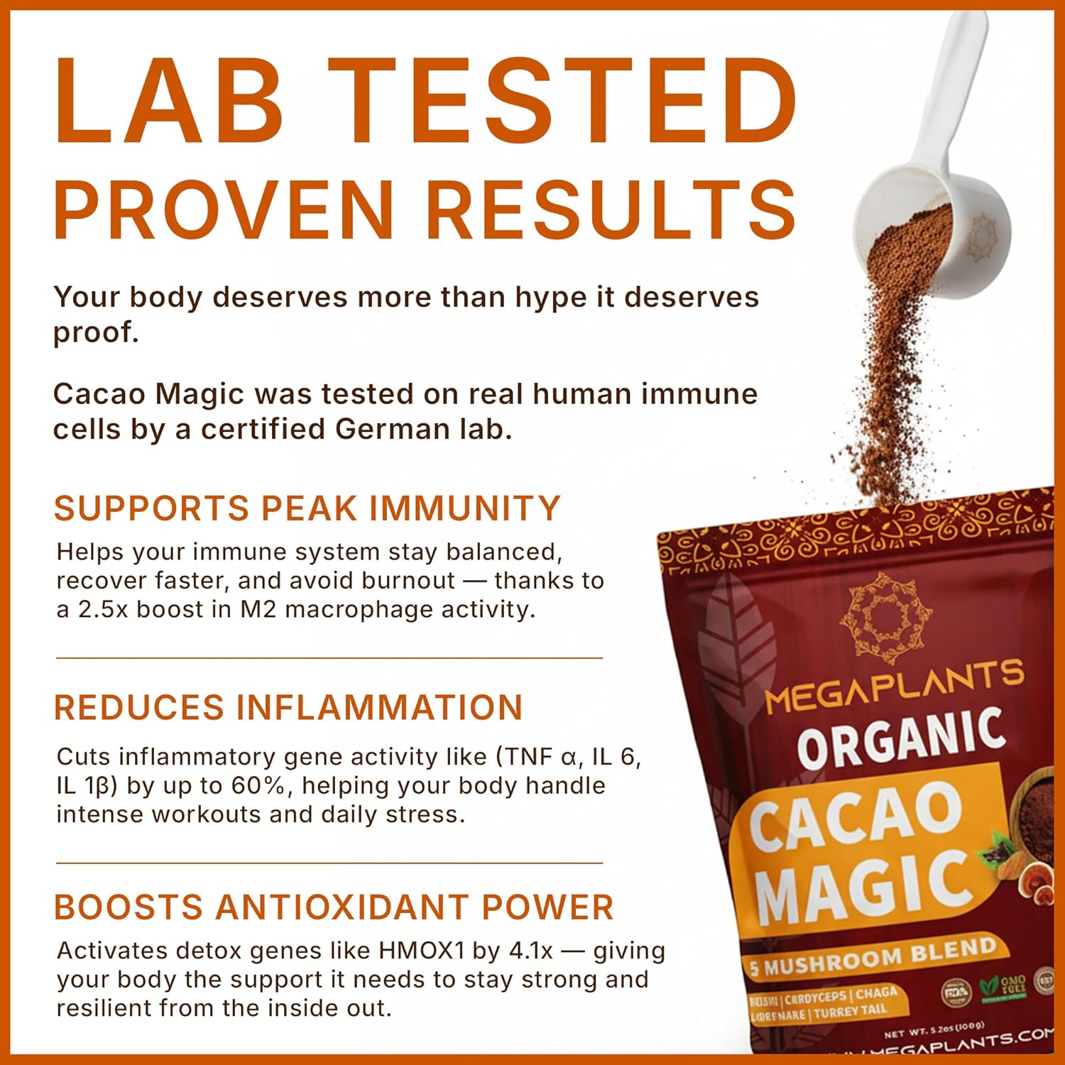 MegaPlants Cacao Magic (50 Servings) | Superfood 5 Mushroom Blend | Lions Mane, Reishi, Chaga, Cordyceps, Turkey Tail | Smoothie, Hot Chocolate, Coffee Alternative