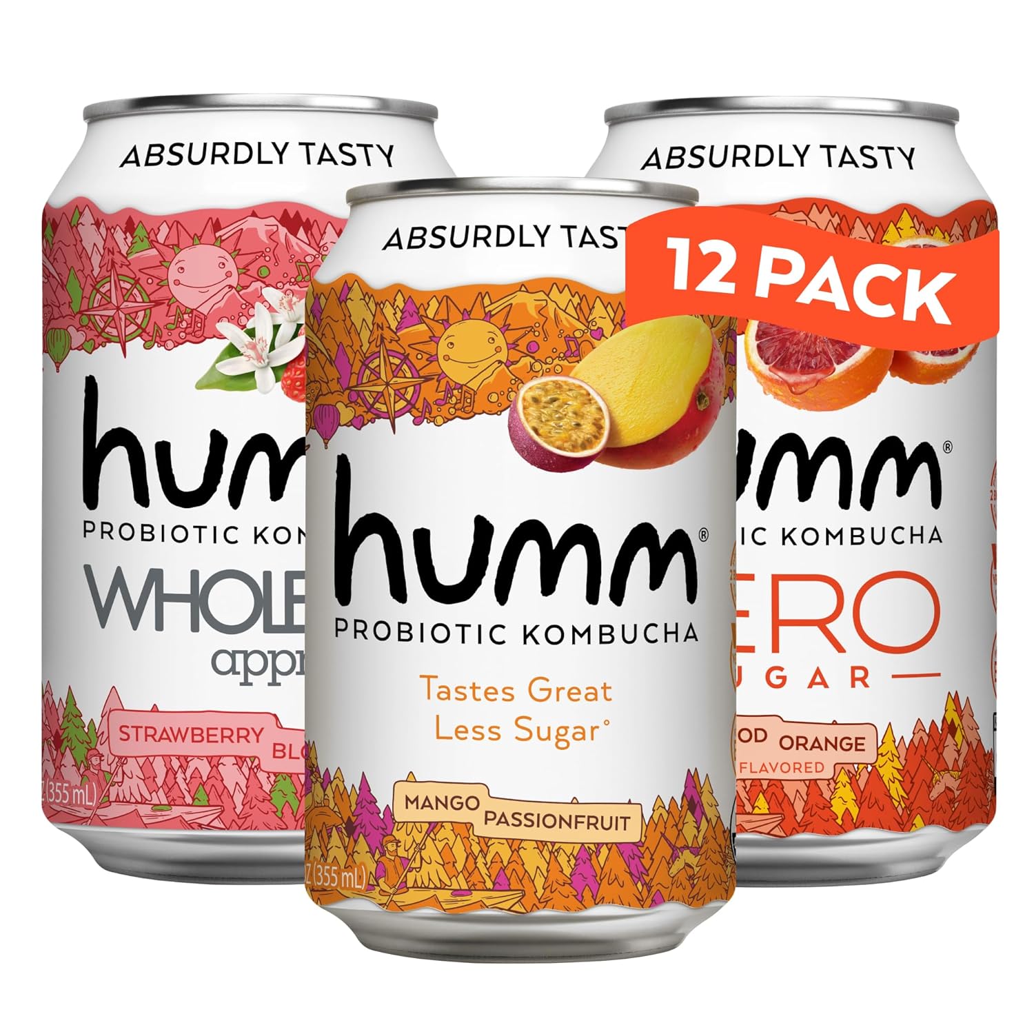 Humm Kombucha Sampler Pack, Includes Original Mango Passionfruit Kombucha, Zero Sugar Blood Orange, Whole30 Approved Strawberry Blossom (Pack of 12)