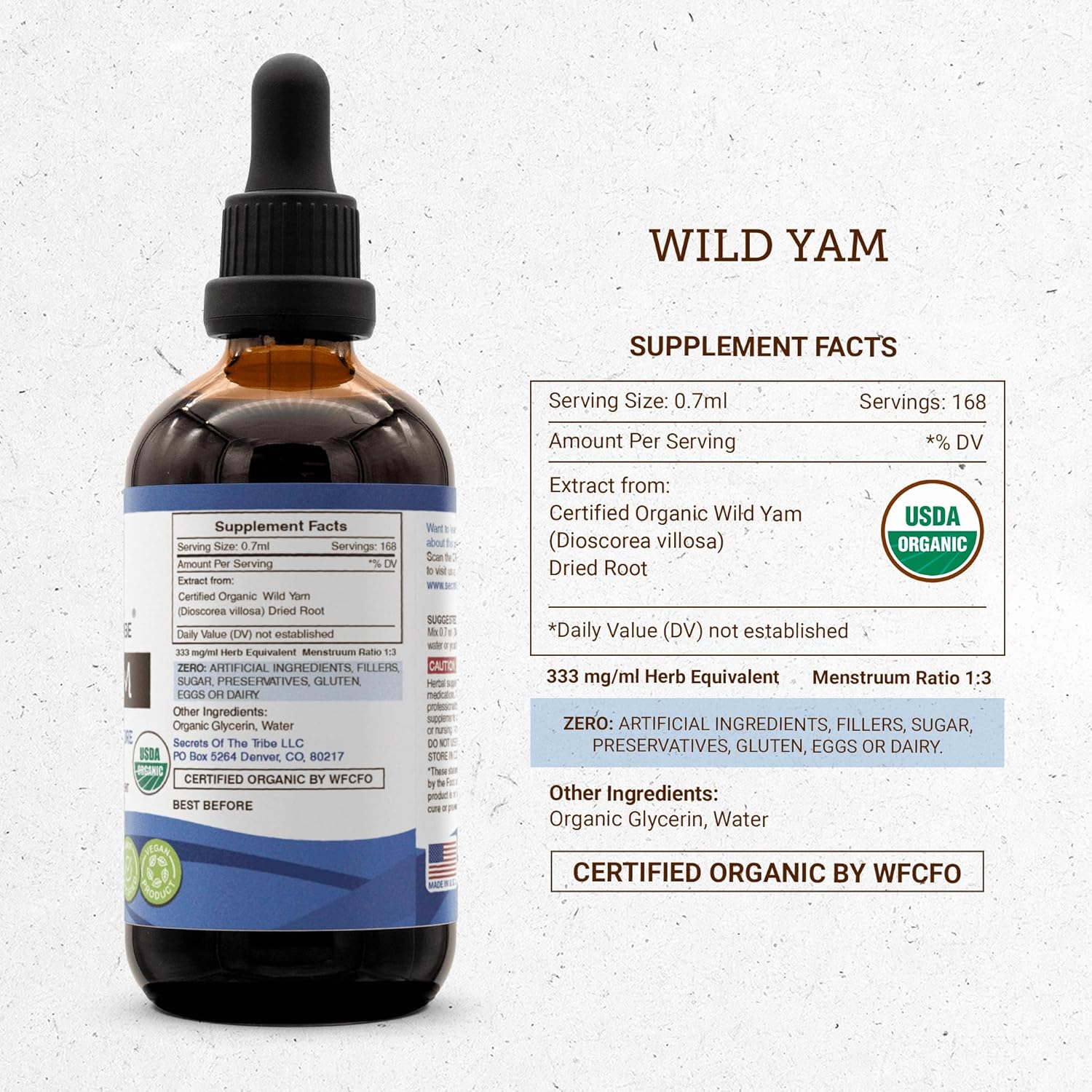 Secrets of the Tribe Wild Yam Alcohol-Free USDA Organic Tincture (Glycerite) Responsibly farmed Wild Yam (Dioscorea Villosa) Dried Root (4 Fl Oz) Hormone Support Supplement
