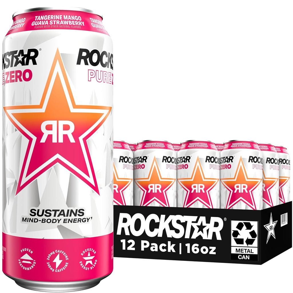 Rockstar Pure Zero Energy Drink, Tangerine Mango Guava Strawberryh, 0 Sugar, with Caffeine and Taurine, 16 Fl Oz (Pack of 12) (Packaging May Vary)